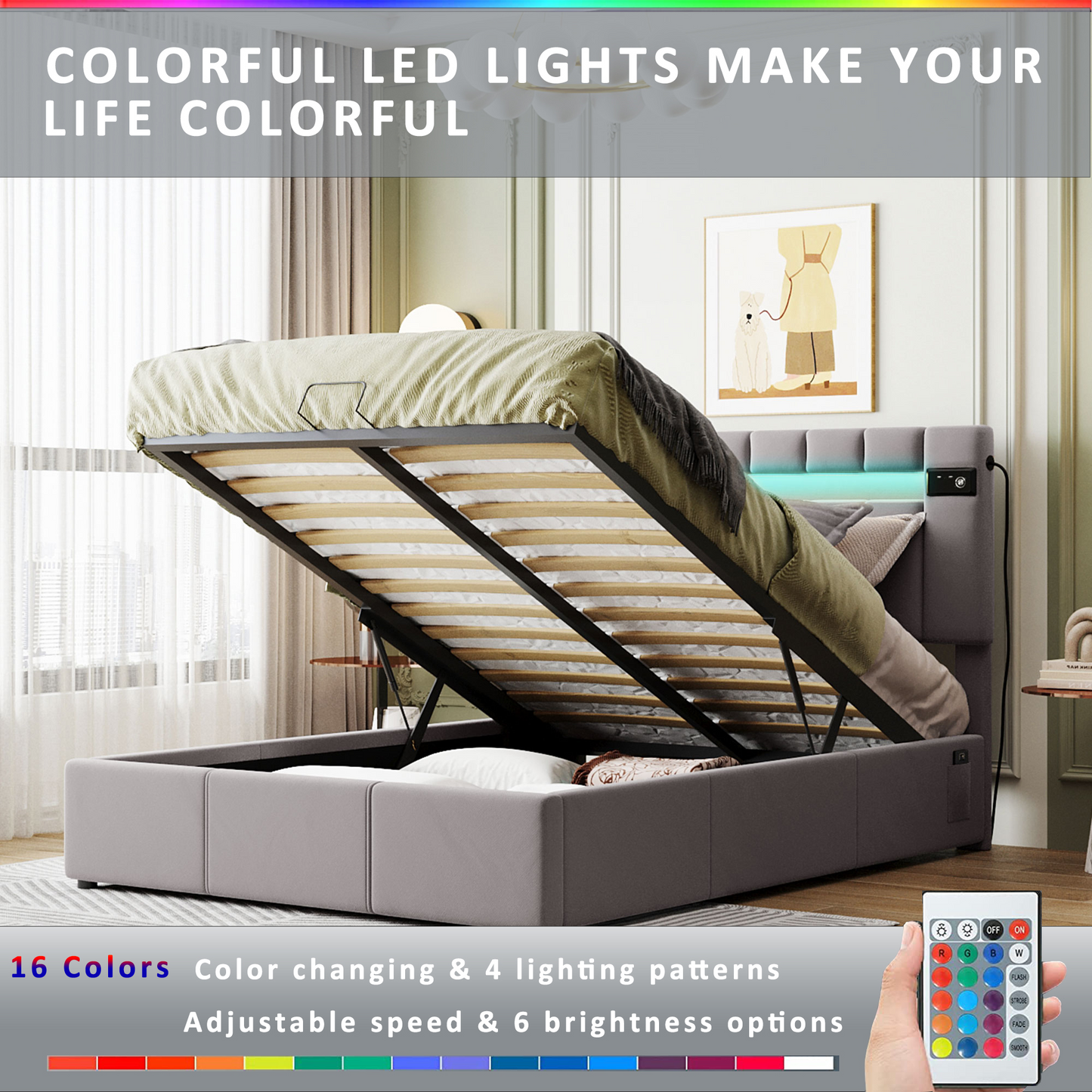 Velvet Fabric Queen Frame, with LED light; Bluetooth Player and USB Charging; Hydraulic Storage