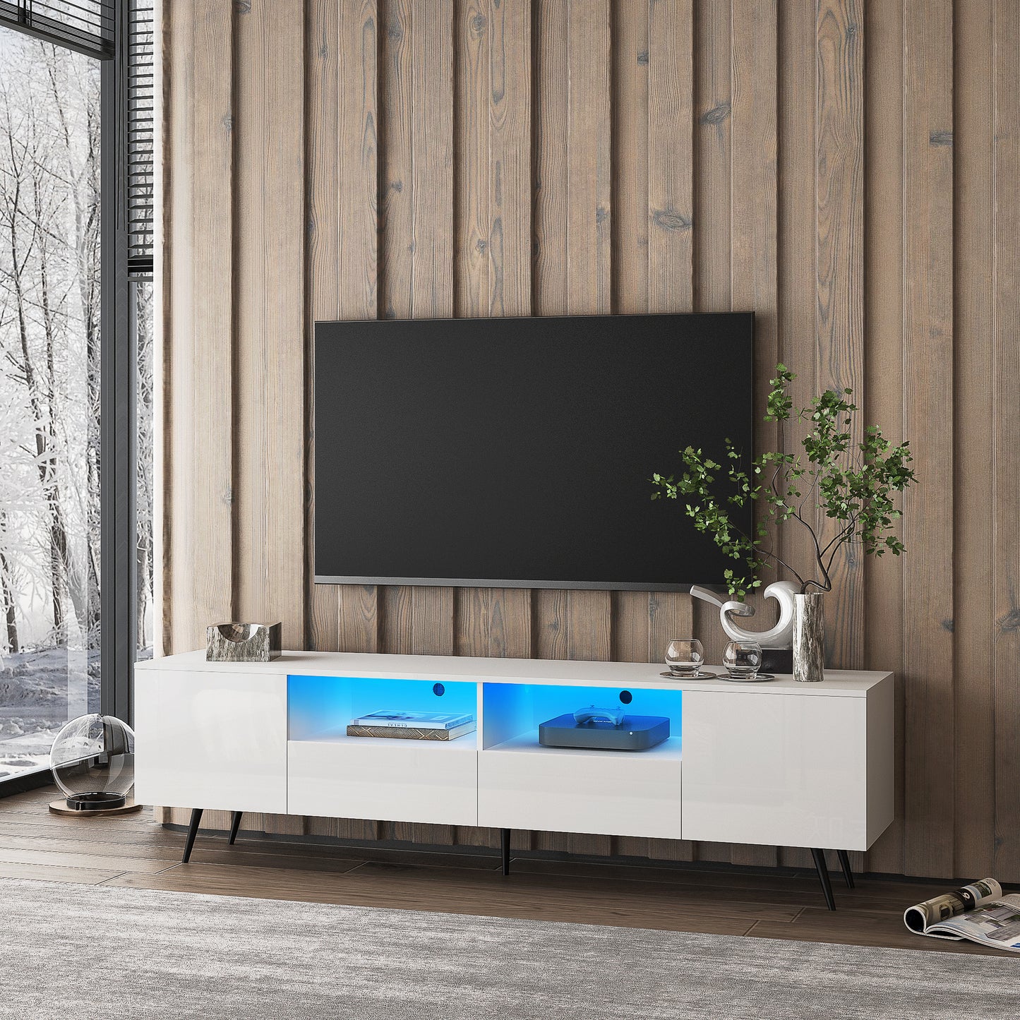Modern White TV Stand; 16 Colors LED TV Stand w/Remote Control Lights