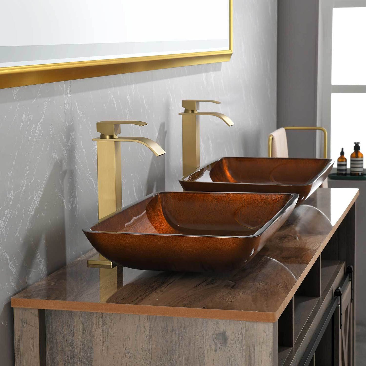 Handmade Glass Vessel Sink with gold Faucet