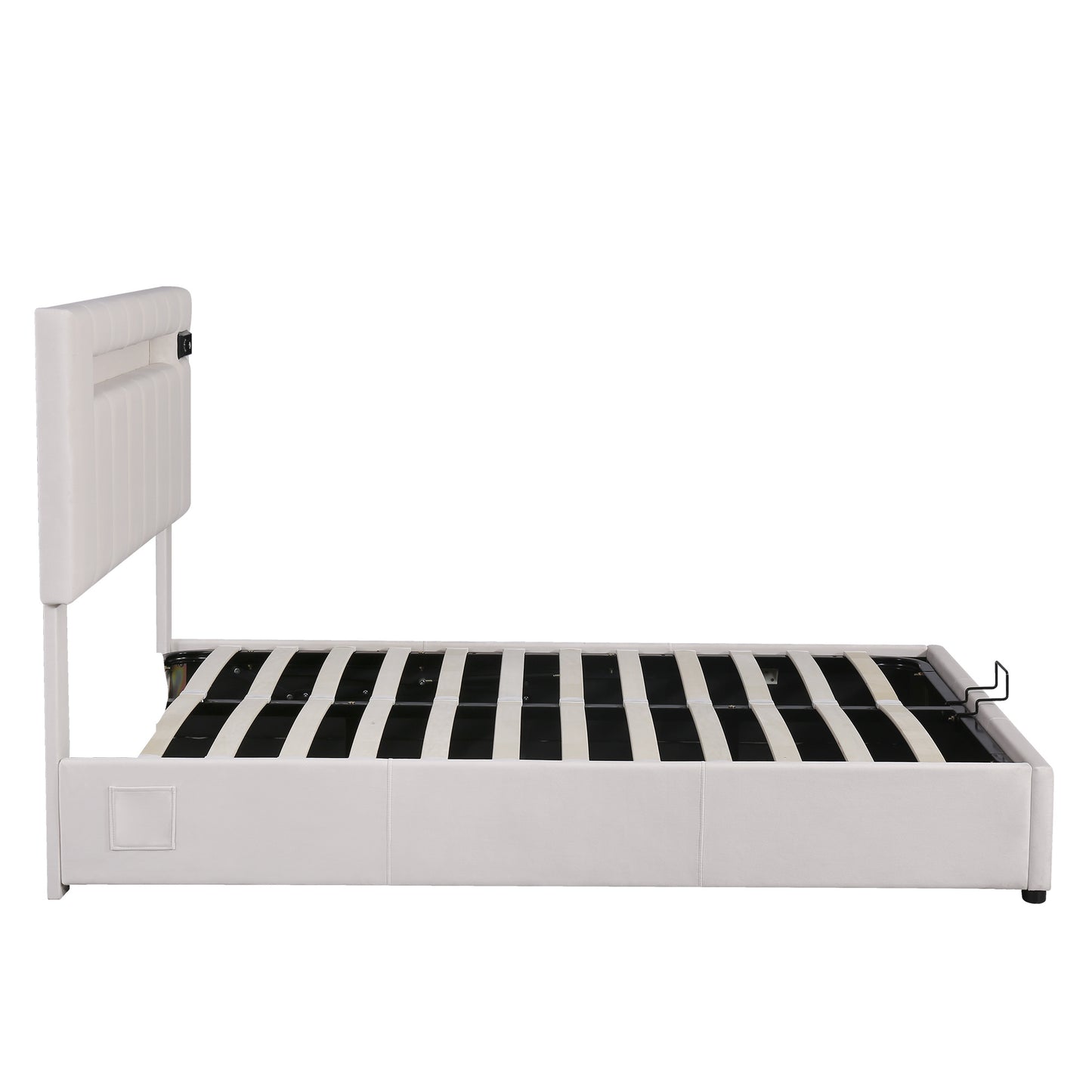 Velvet Fabric Queen Frame, with LED light; Bluetooth Player and USB Charging; Hydraulic Storage
