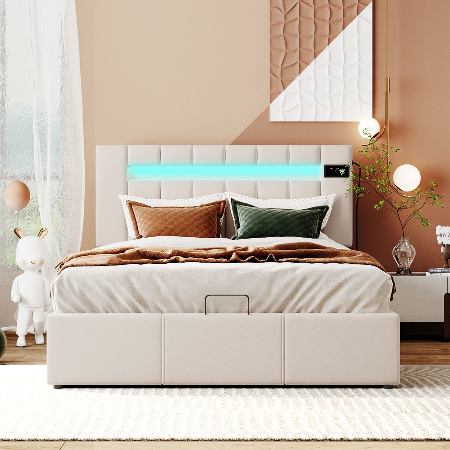 Velvet Fabric Queen Frame, with LED light; Bluetooth Player and USB Charging; Hydraulic Storage