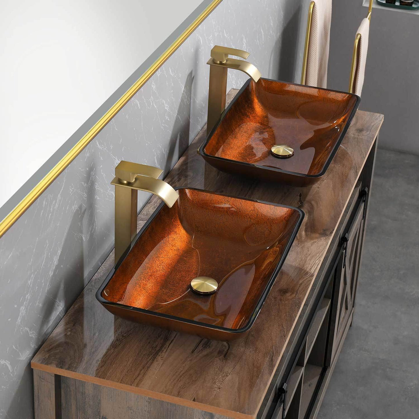 Handmade Glass Vessel Sink with gold Faucet