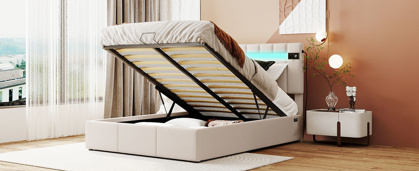 Velvet Fabric Queen Frame, with LED light; Bluetooth Player and USB Charging; Hydraulic Storage