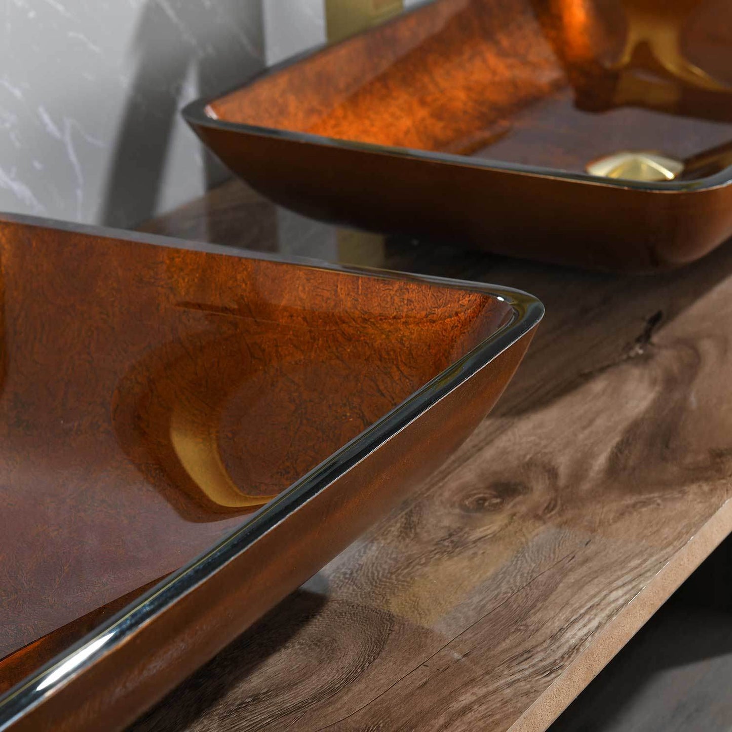 Handmade Glass Vessel Sink with gold Faucet