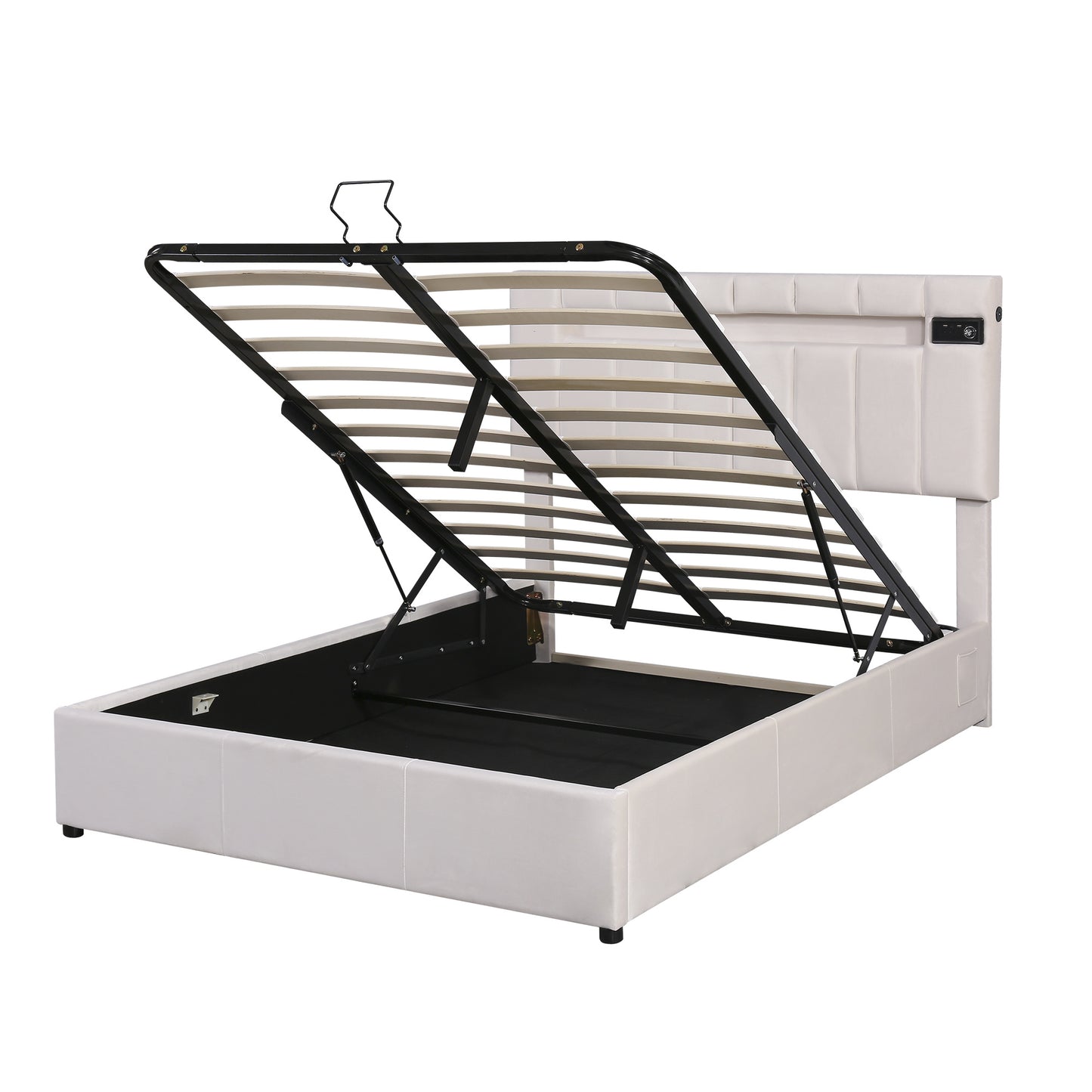 Velvet Fabric Queen Frame, with LED light; Bluetooth Player and USB Charging; Hydraulic Storage