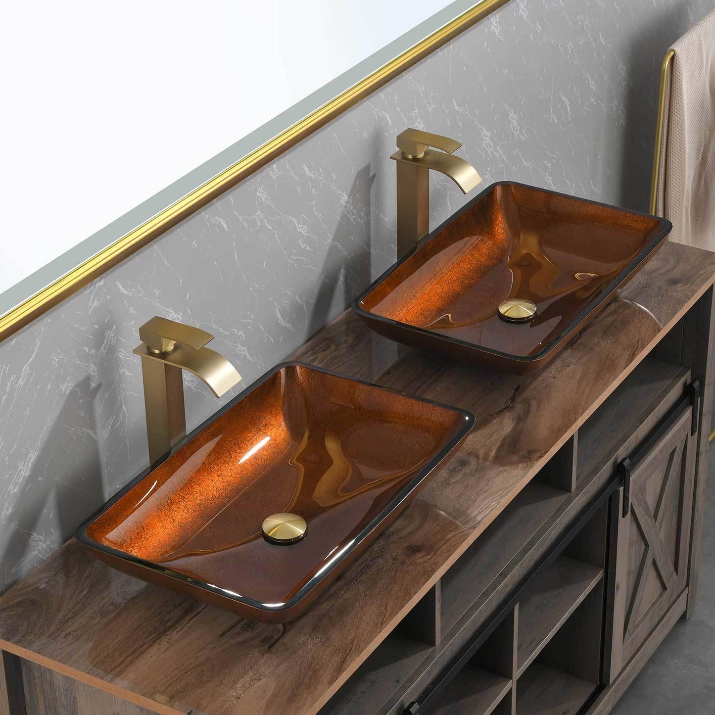 Handmade Glass Vessel Sink with gold Faucet