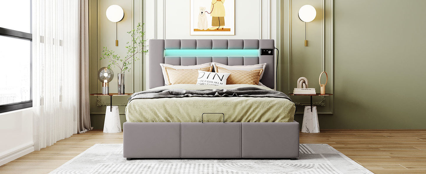 Velvet Fabric Queen Frame, with LED light; Bluetooth Player and USB Charging; Hydraulic Storage
