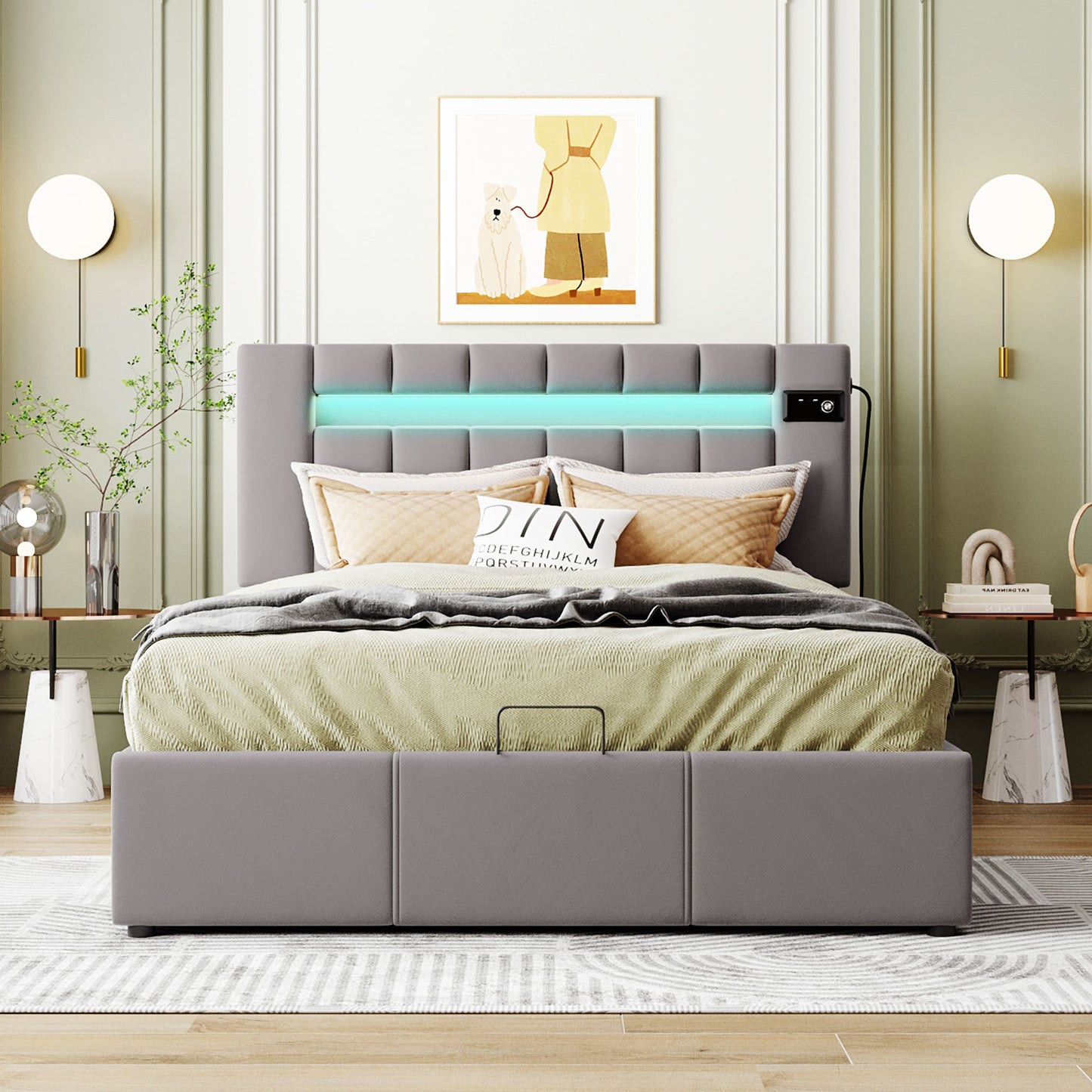 Velvet Fabric Queen Frame, with LED light; Bluetooth Player and USB Charging; Hydraulic Storage