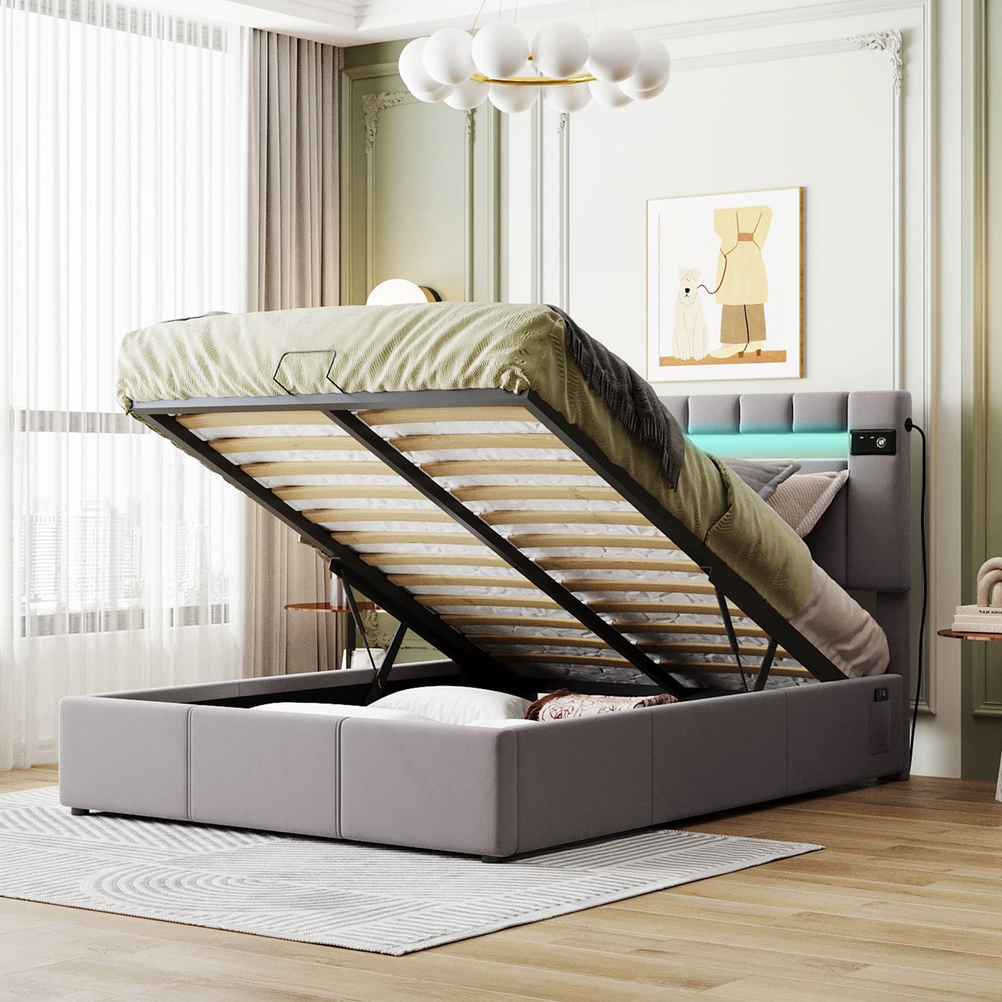 Velvet Fabric Queen Frame, with LED light; Bluetooth Player and USB Charging; Hydraulic Storage