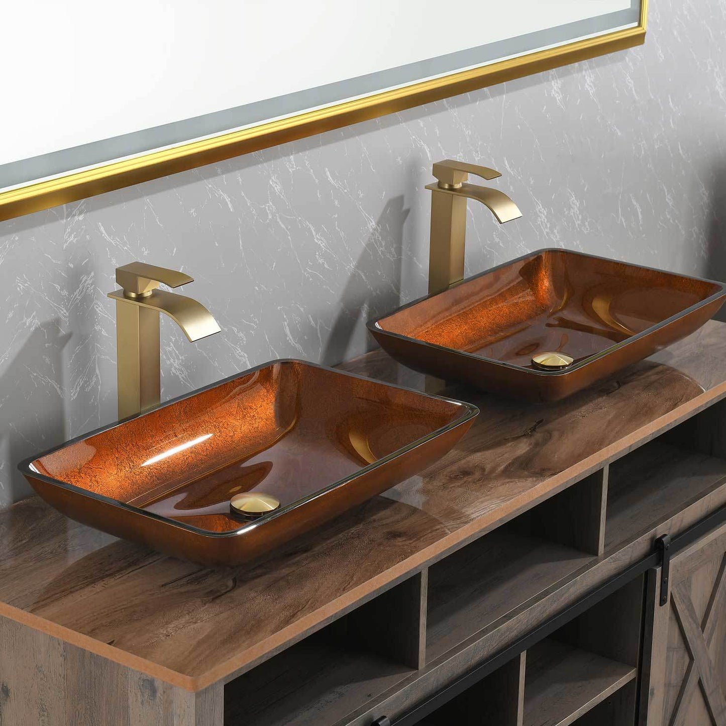 Handmade Glass Vessel Sink with gold Faucet