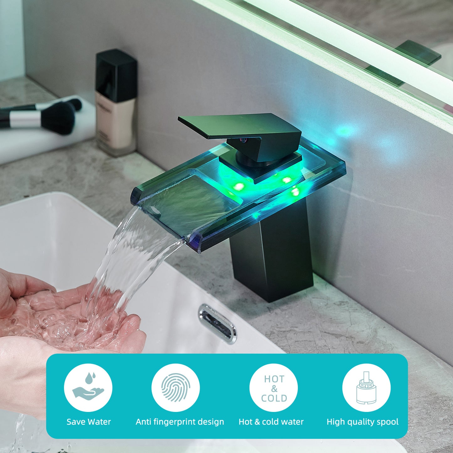 Waterfall Black Lavatory Faucet w LED