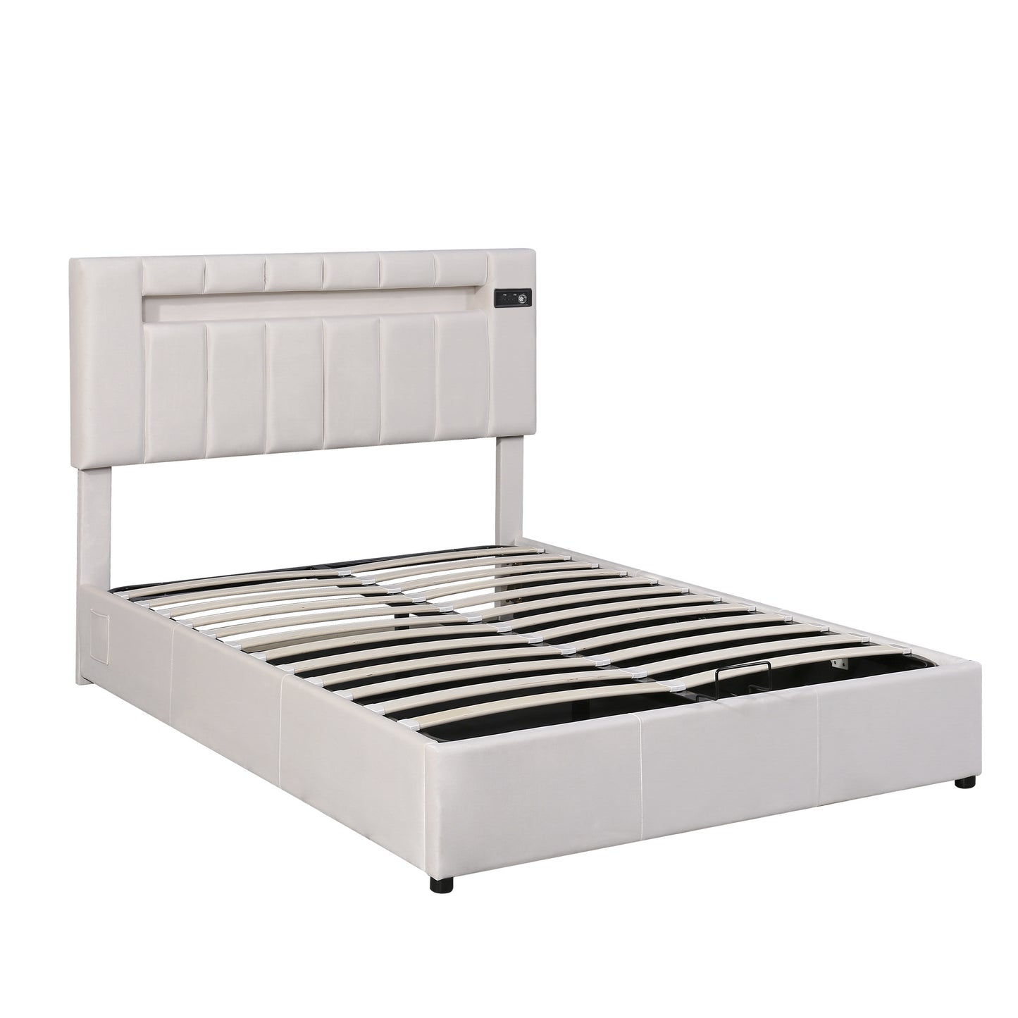 Velvet Fabric Queen Frame, with LED light; Bluetooth Player and USB Charging; Hydraulic Storage