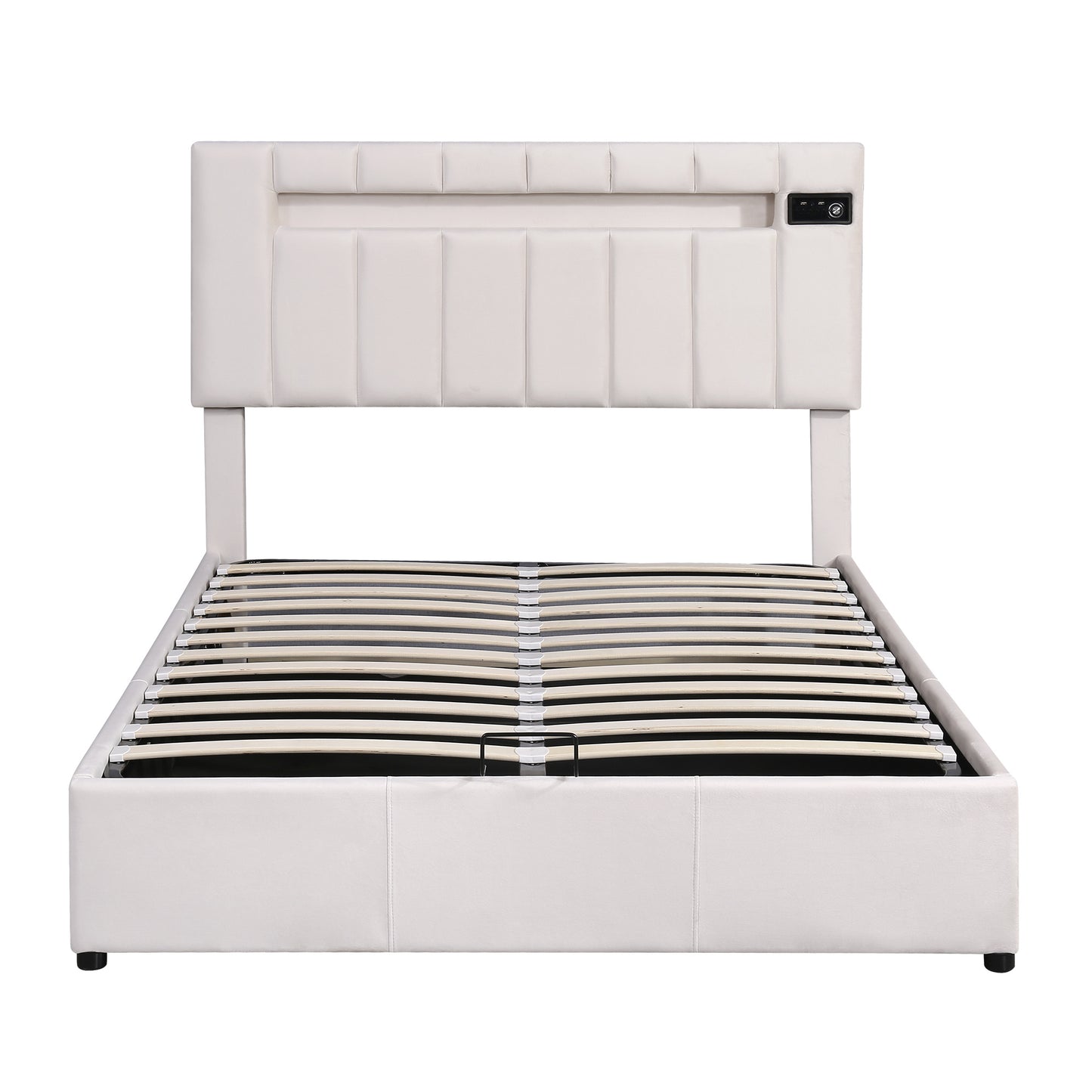 Velvet Fabric Queen Frame, with LED light; Bluetooth Player and USB Charging; Hydraulic Storage