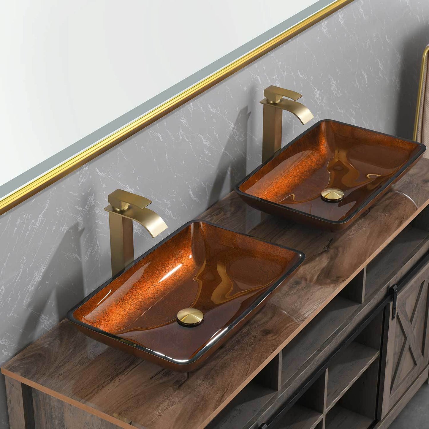 Handmade Glass Vessel Sink with gold Faucet