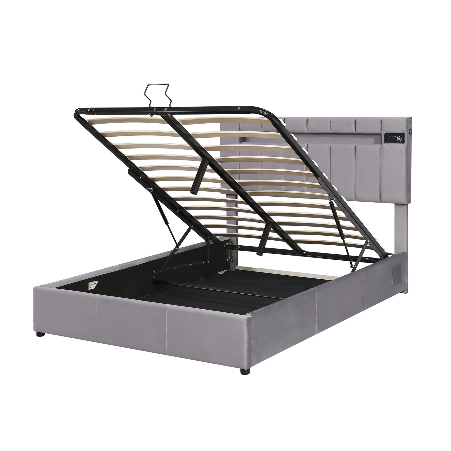 Velvet Fabric Queen Frame, with LED light; Bluetooth Player and USB Charging; Hydraulic Storage
