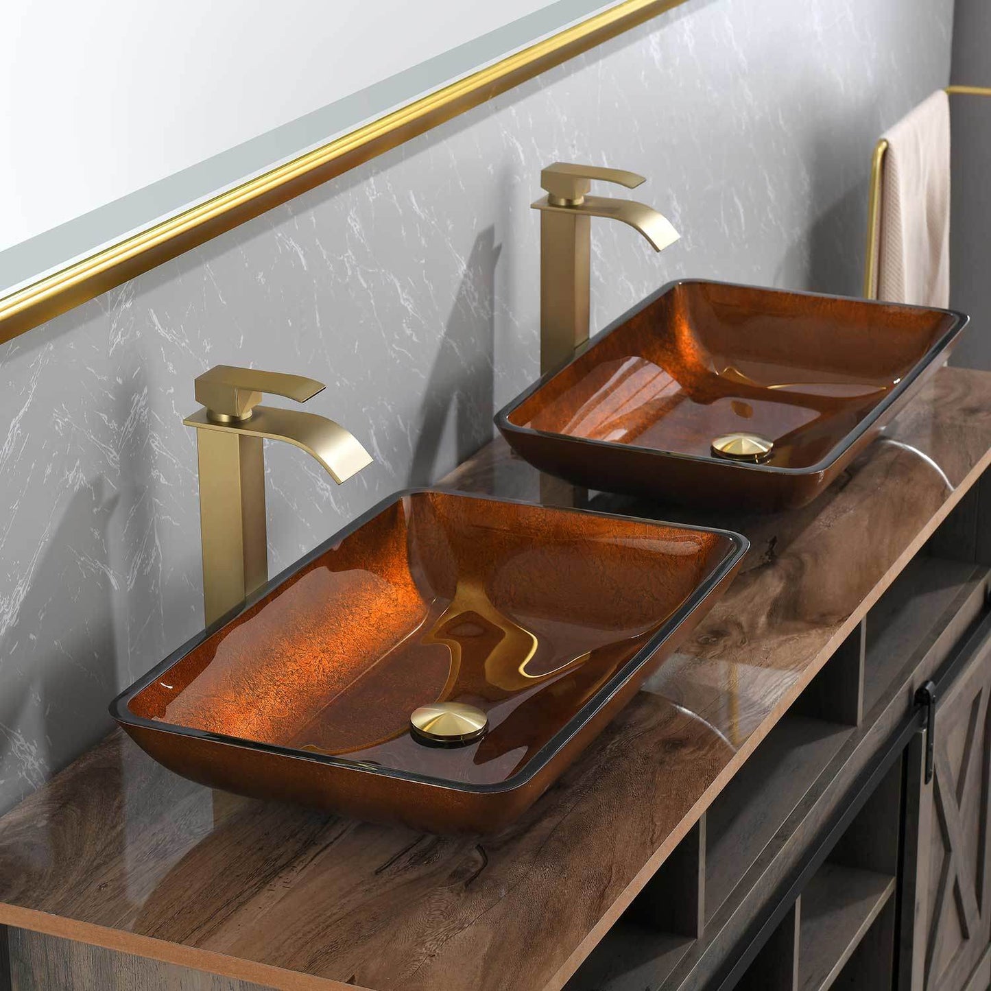 Handmade Glass Vessel Sink with gold Faucet