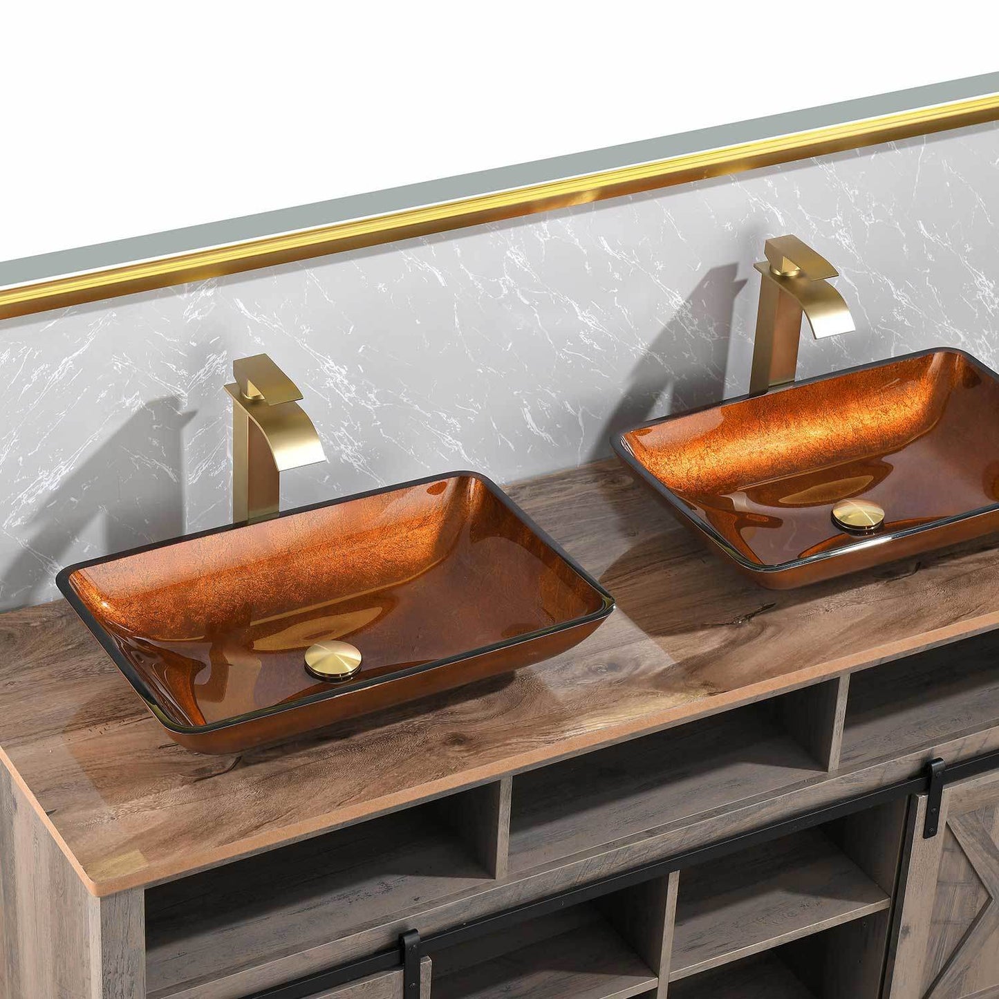 Handmade Glass Vessel Sink with gold Faucet