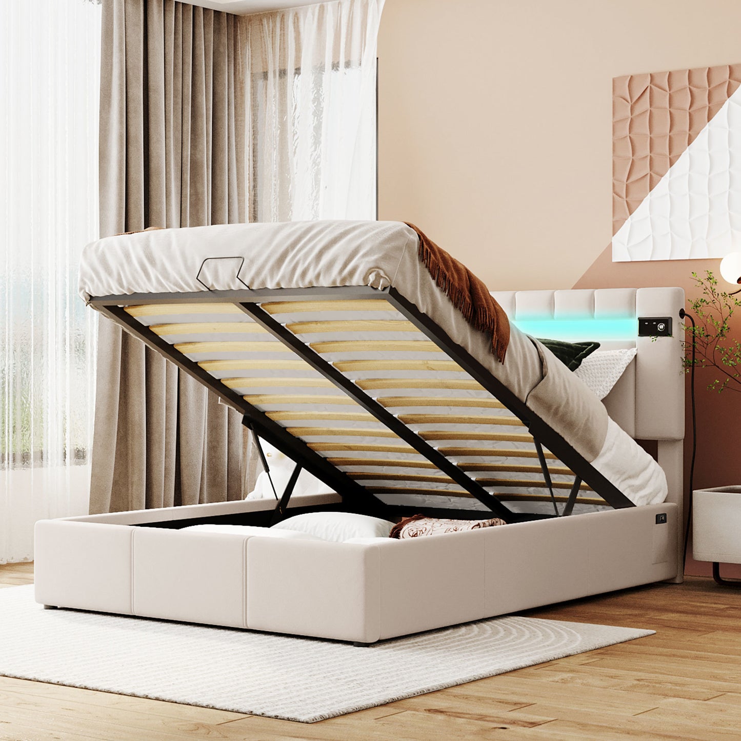 Velvet Fabric Queen Frame, with LED light; Bluetooth Player and USB Charging; Hydraulic Storage
