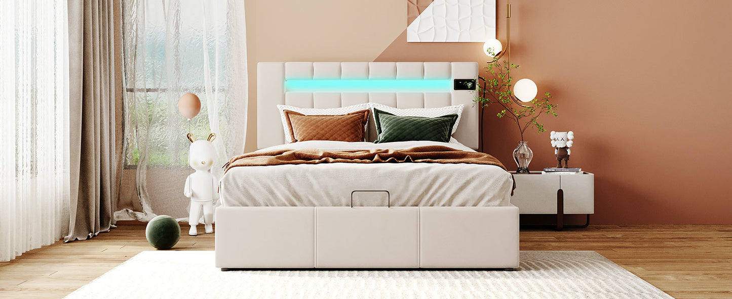 Velvet Fabric Queen Frame, with LED light; Bluetooth Player and USB Charging; Hydraulic Storage