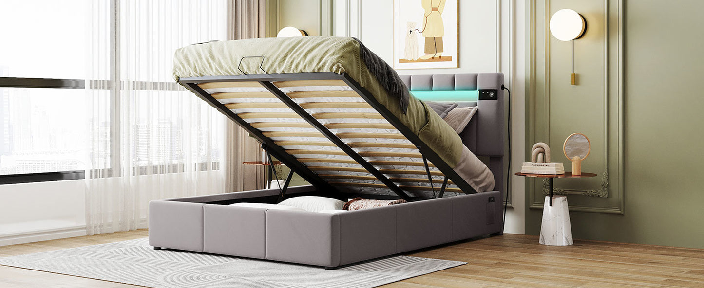 Velvet Fabric Queen Frame, with LED light; Bluetooth Player and USB Charging; Hydraulic Storage