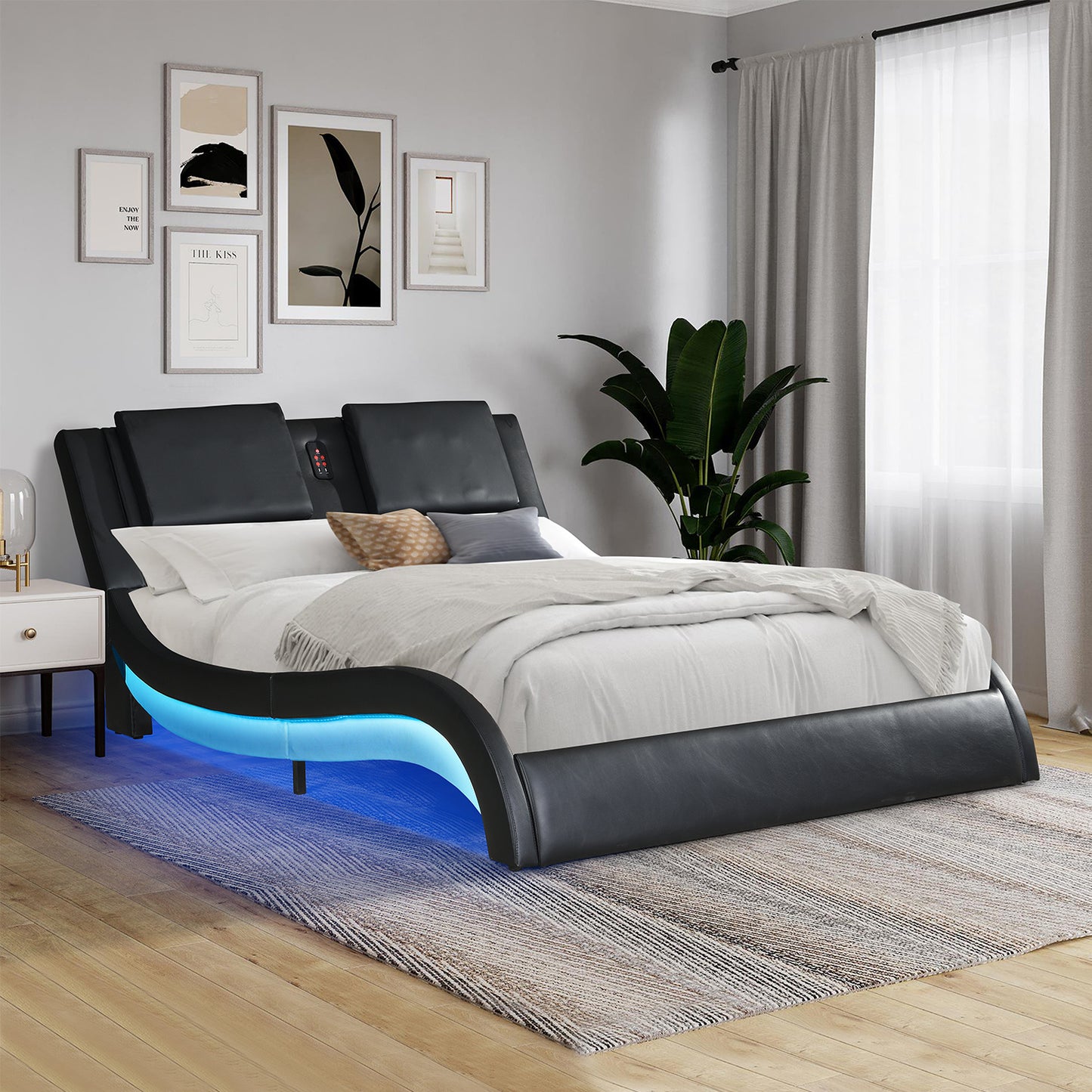 white Leather queen Bed Frame with led Backrest vibration massage
