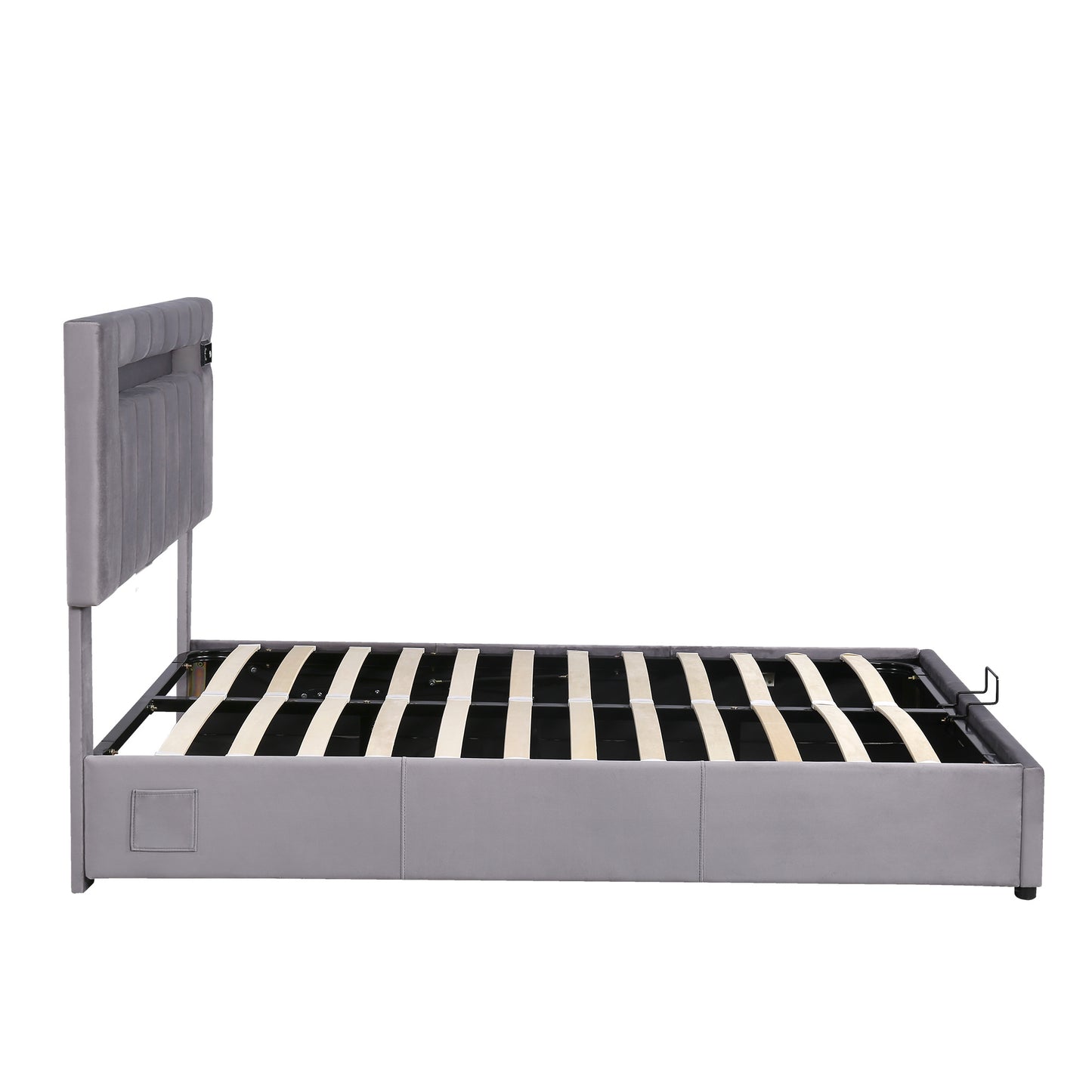 Velvet Fabric Queen Frame, with LED light; Bluetooth Player and USB Charging; Hydraulic Storage