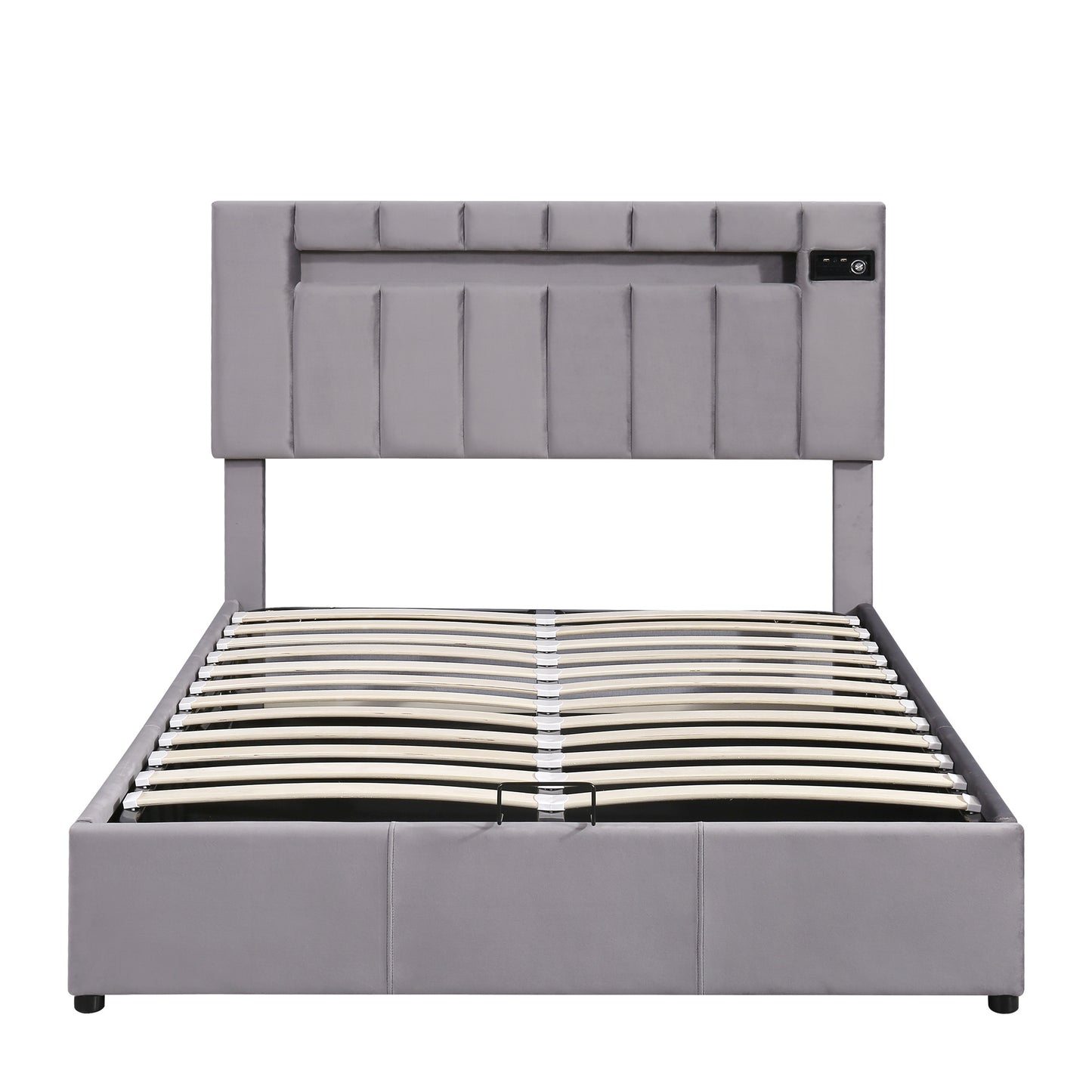 Velvet Fabric Queen Frame, with LED light; Bluetooth Player and USB Charging; Hydraulic Storage
