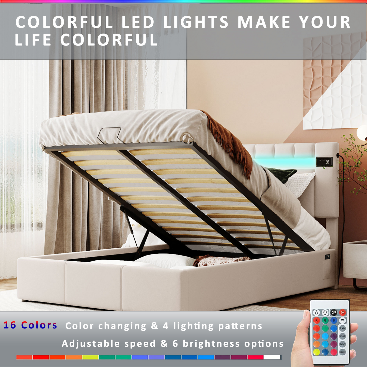 Velvet Fabric Queen Frame, with LED light; Bluetooth Player and USB Charging; Hydraulic Storage