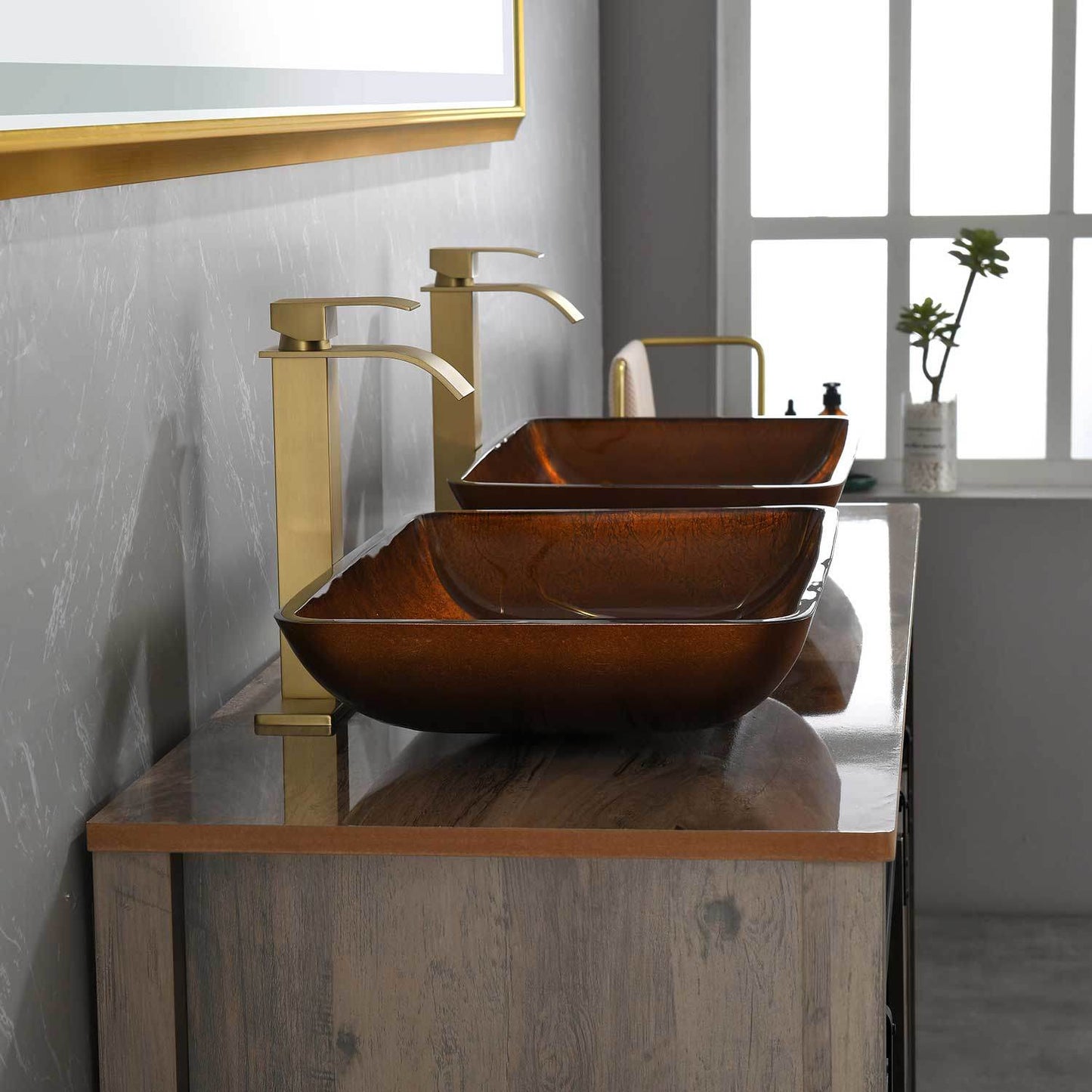 Handmade Glass Vessel Sink with gold Faucet