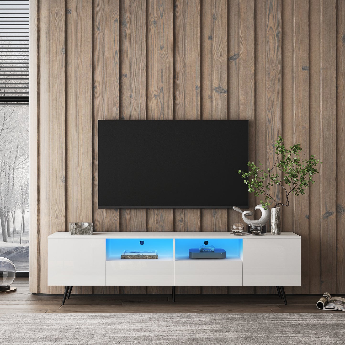 Modern White TV Stand; 16 Colors LED TV Stand w/Remote Control Lights