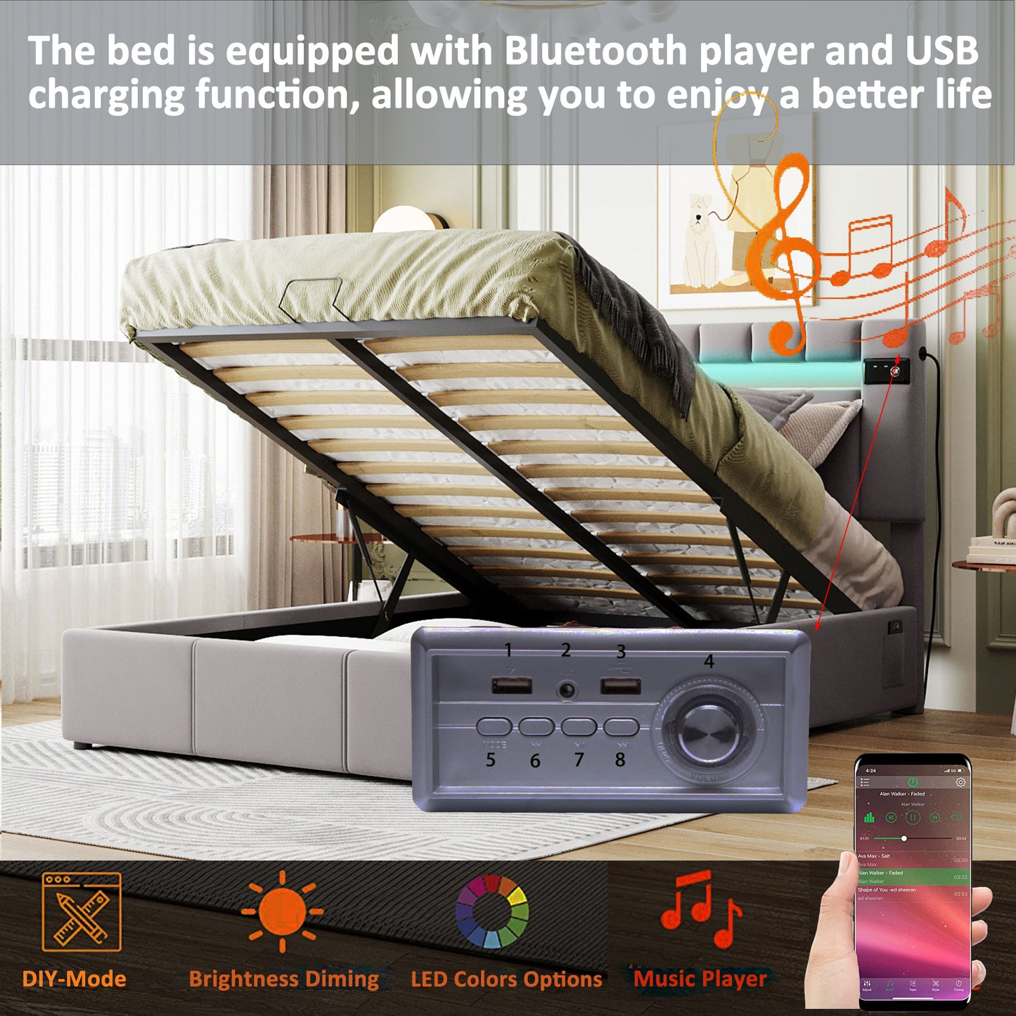 Velvet Fabric Queen Frame, with LED light; Bluetooth Player and USB Charging; Hydraulic Storage