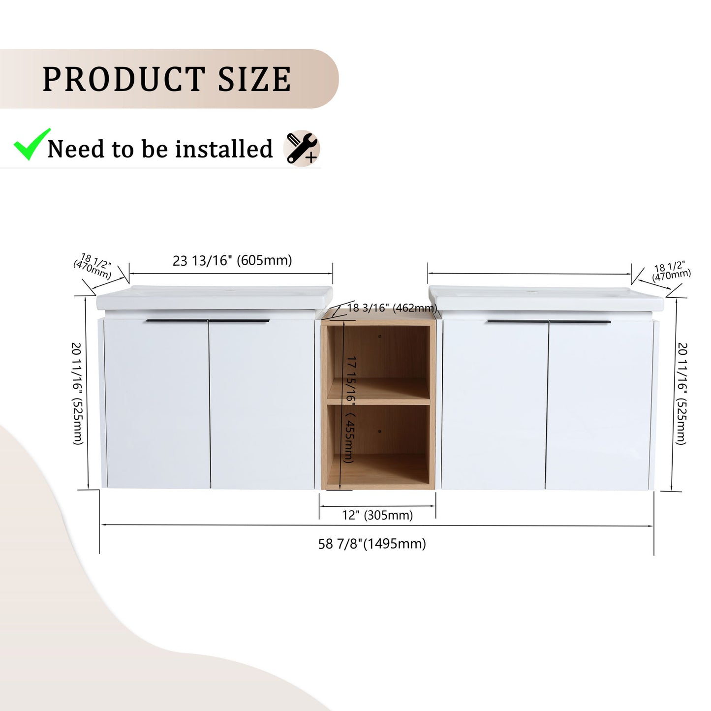 60" Double Sink Exquisite Wall mount Vanity