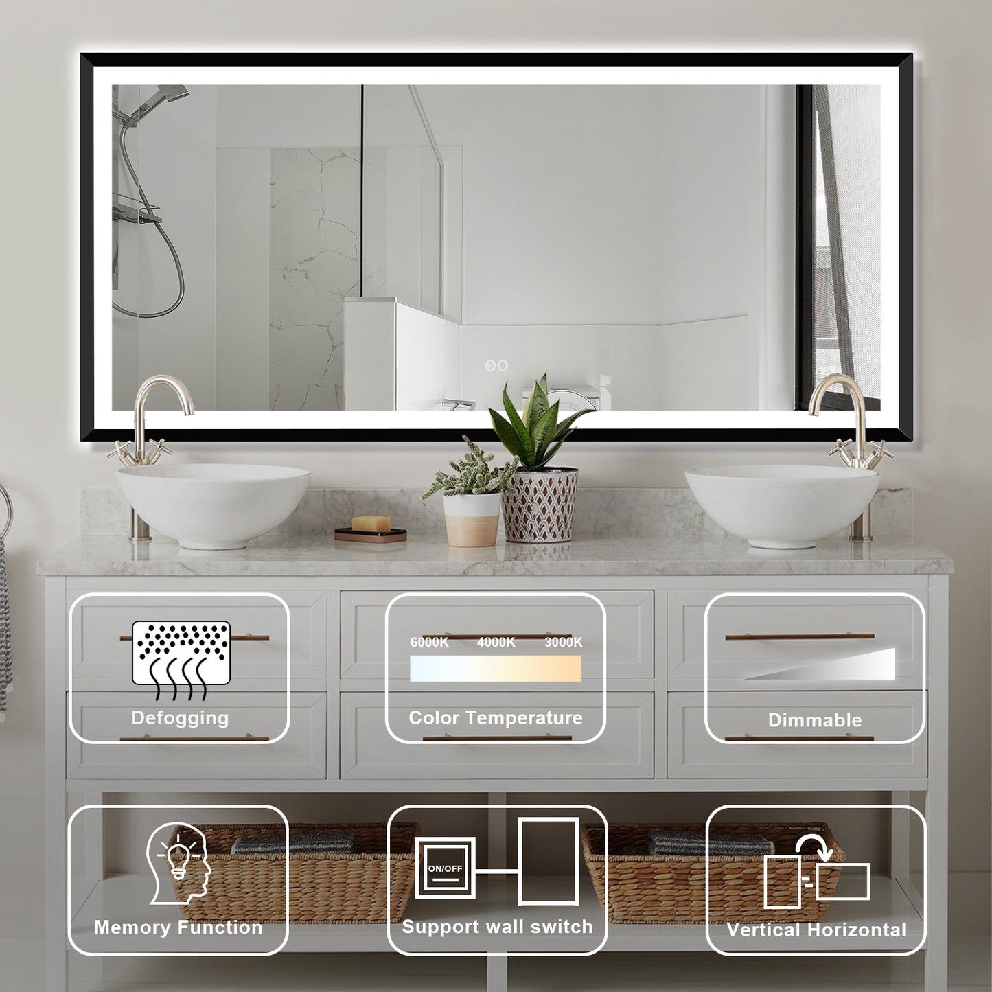 4 Size LED Bathroom Mirror; Backlit and Frontlit