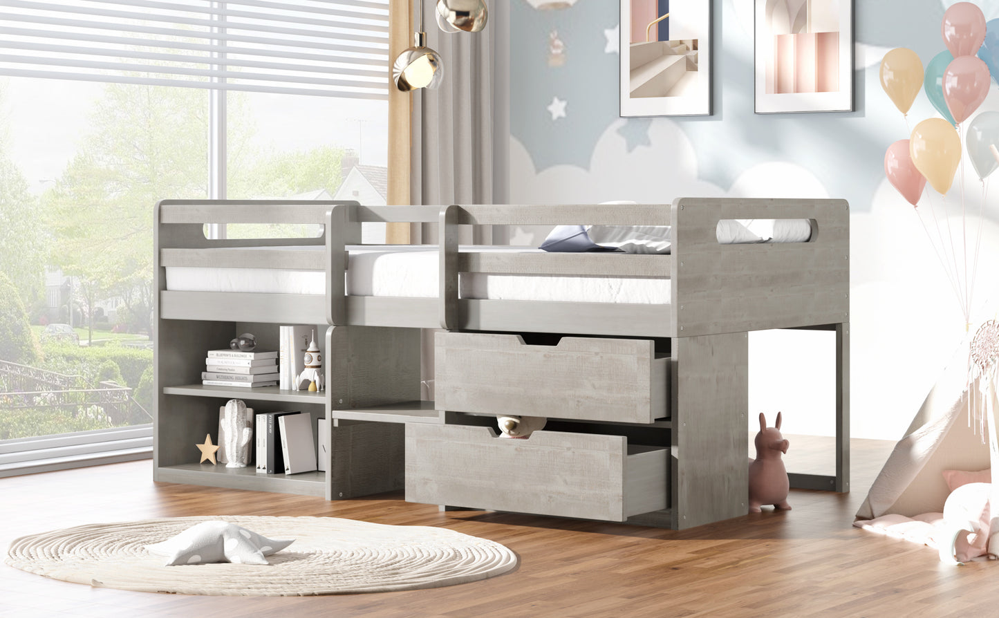 Twin size Loft Bed with Two Shelves and Two drawers (Antique Gray)