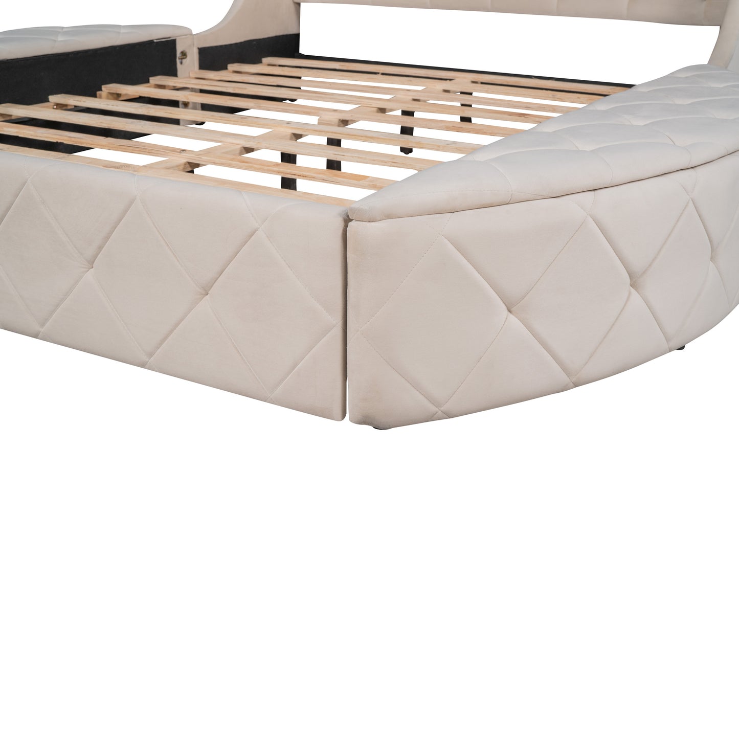 Queen Velvet Bed 1 Big Drawer; 2 Side Storage Stool