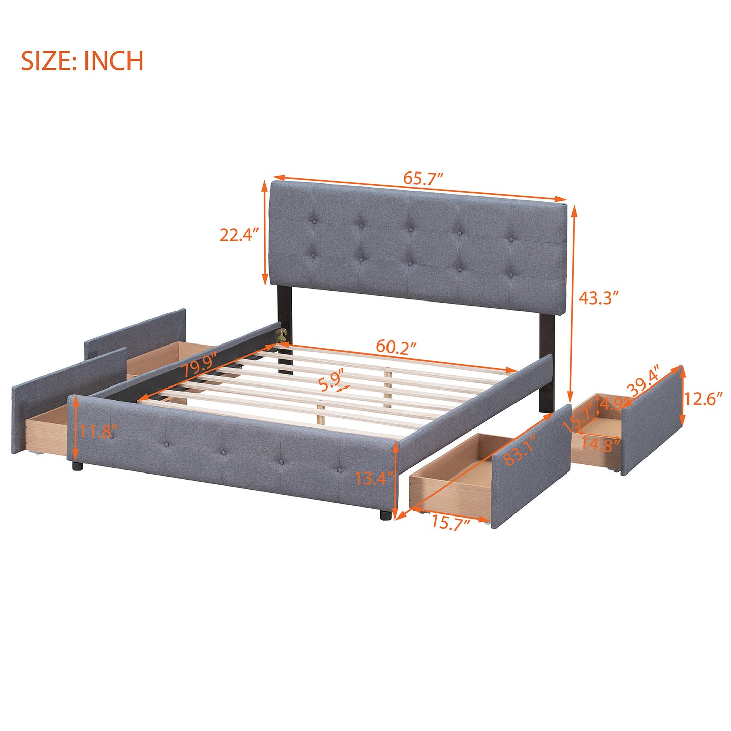 Classic Headboard and 4 Drawers; Queen Size