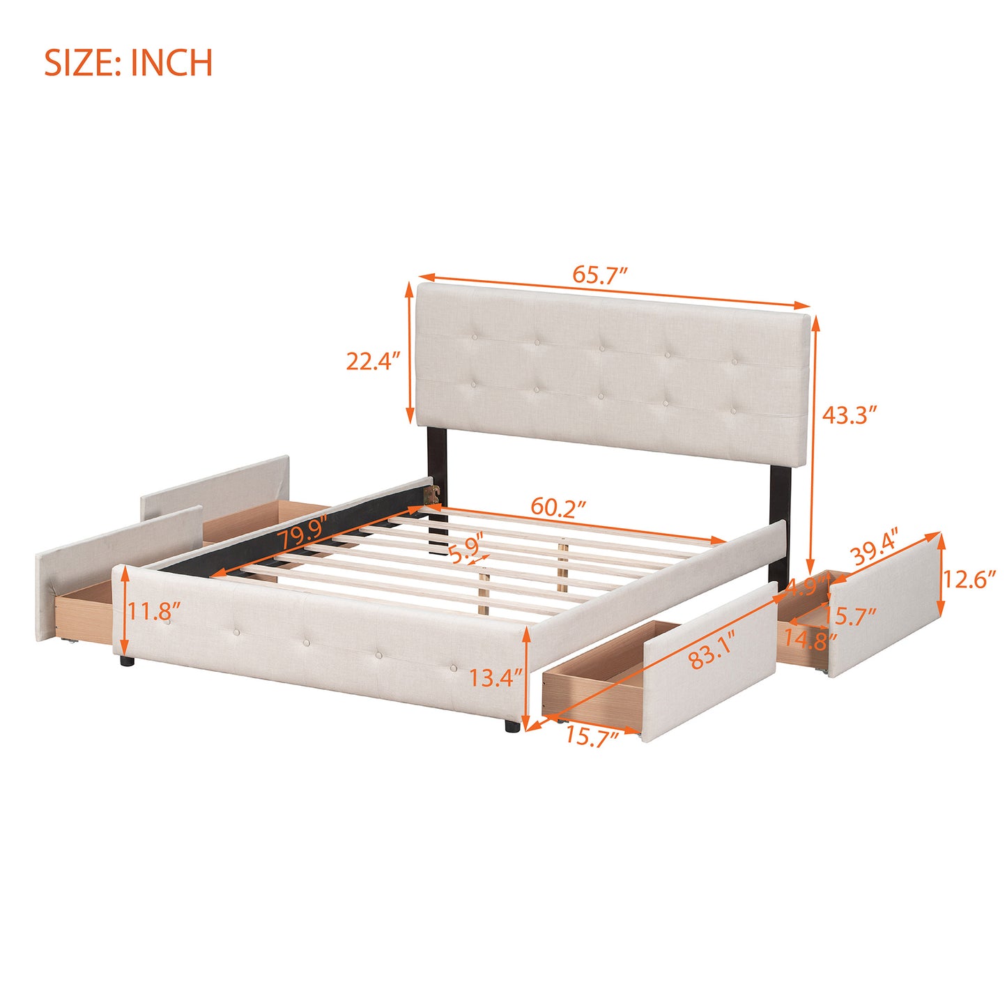 Classic Headboard and 4 Drawers; Queen Size