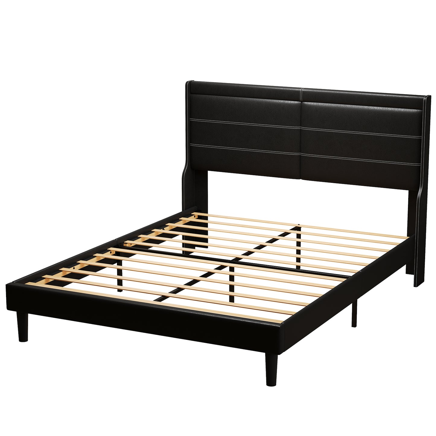 Stylish Leather w/ Lights Stitched Wing-backed Headboard