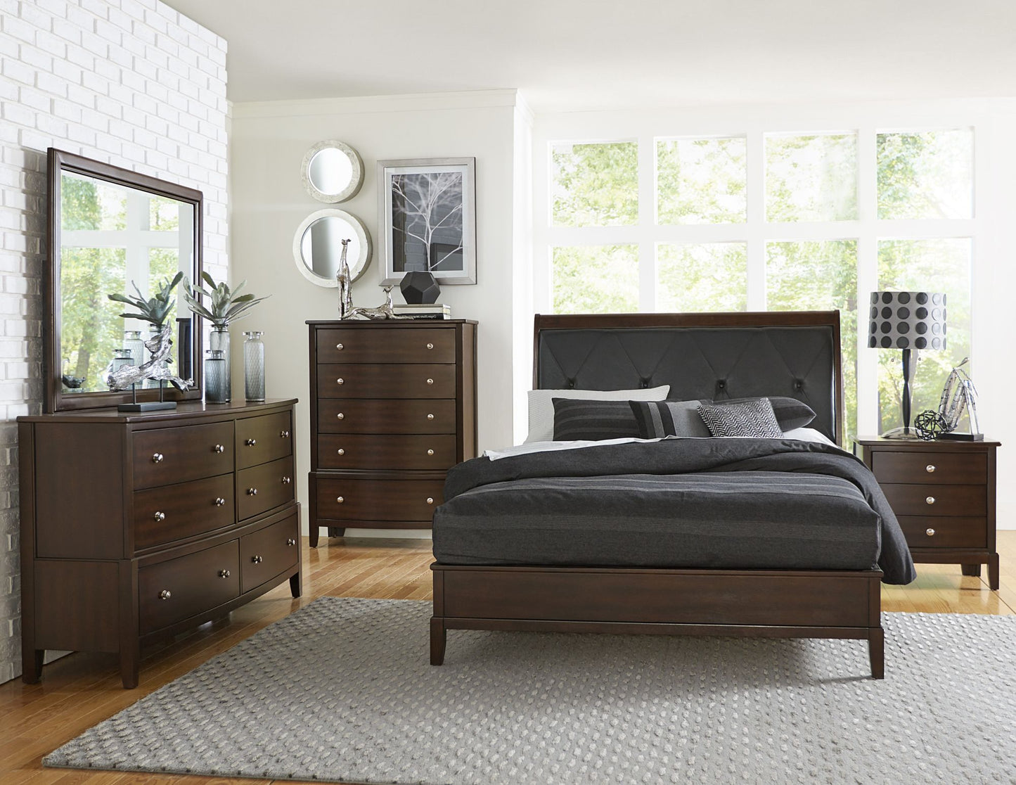 Dark Cherry Finish Nightstand of 3x Drawers w/ Satin Nickel Tone Knobs