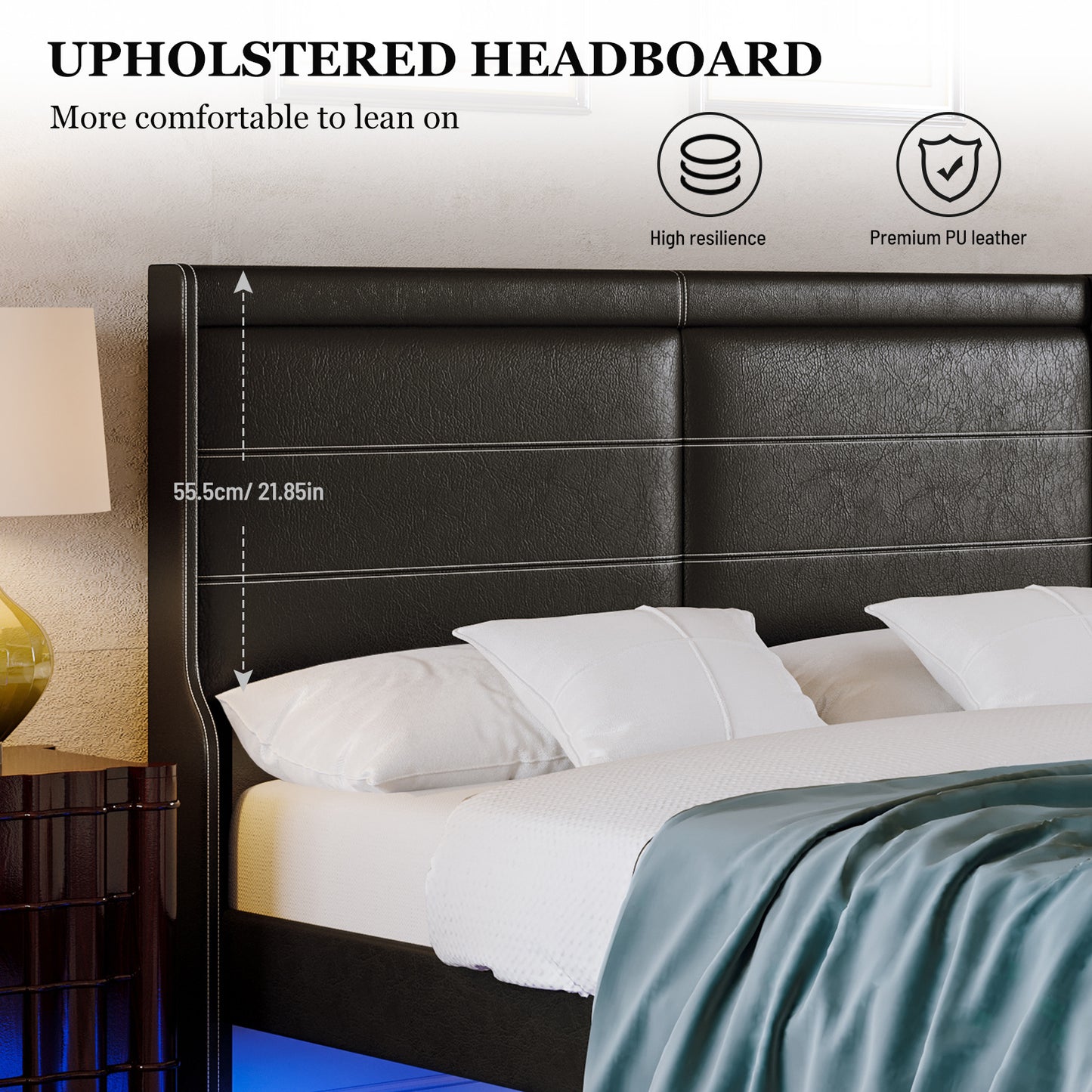 Stylish Leather w/ Lights Stitched Wing-backed Headboard