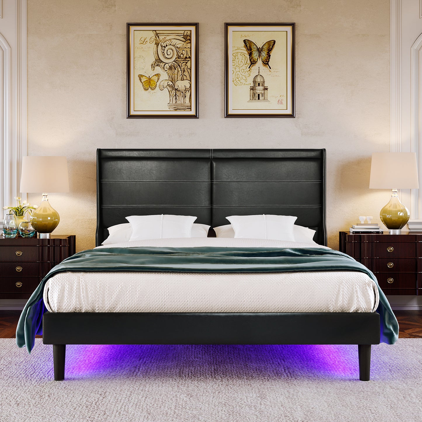 Stylish Leather w/ Lights Stitched Wing-backed Headboard