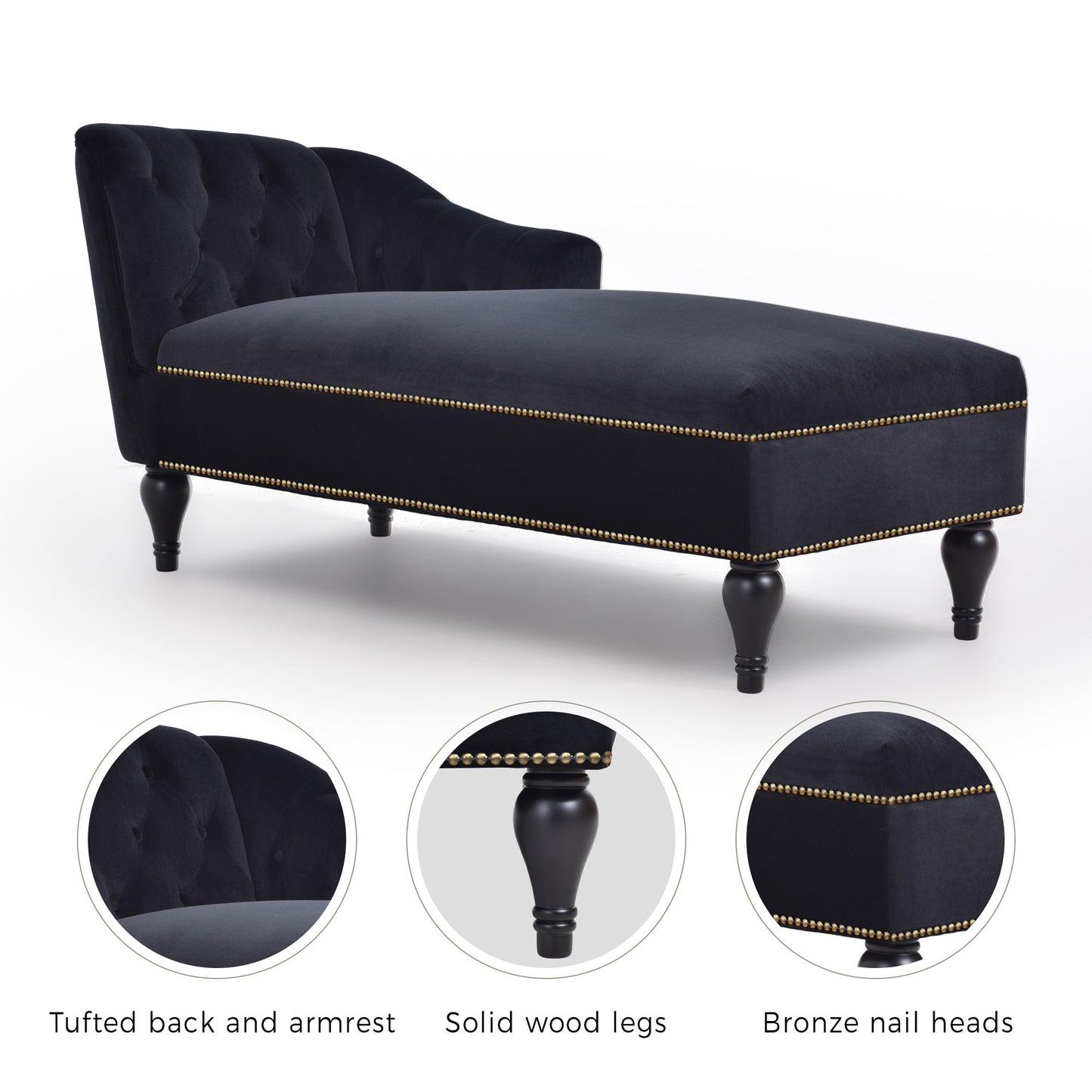 Velvet Chaise Button Tufted Right Arm Facing Lounge Chair with Nail head Trim