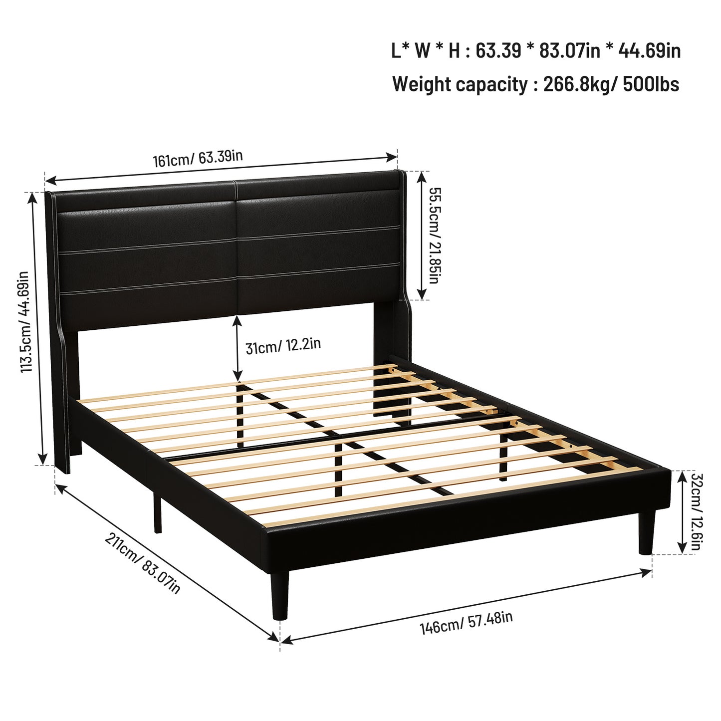 Stylish Leather w/ Lights Stitched Wing-backed Headboard