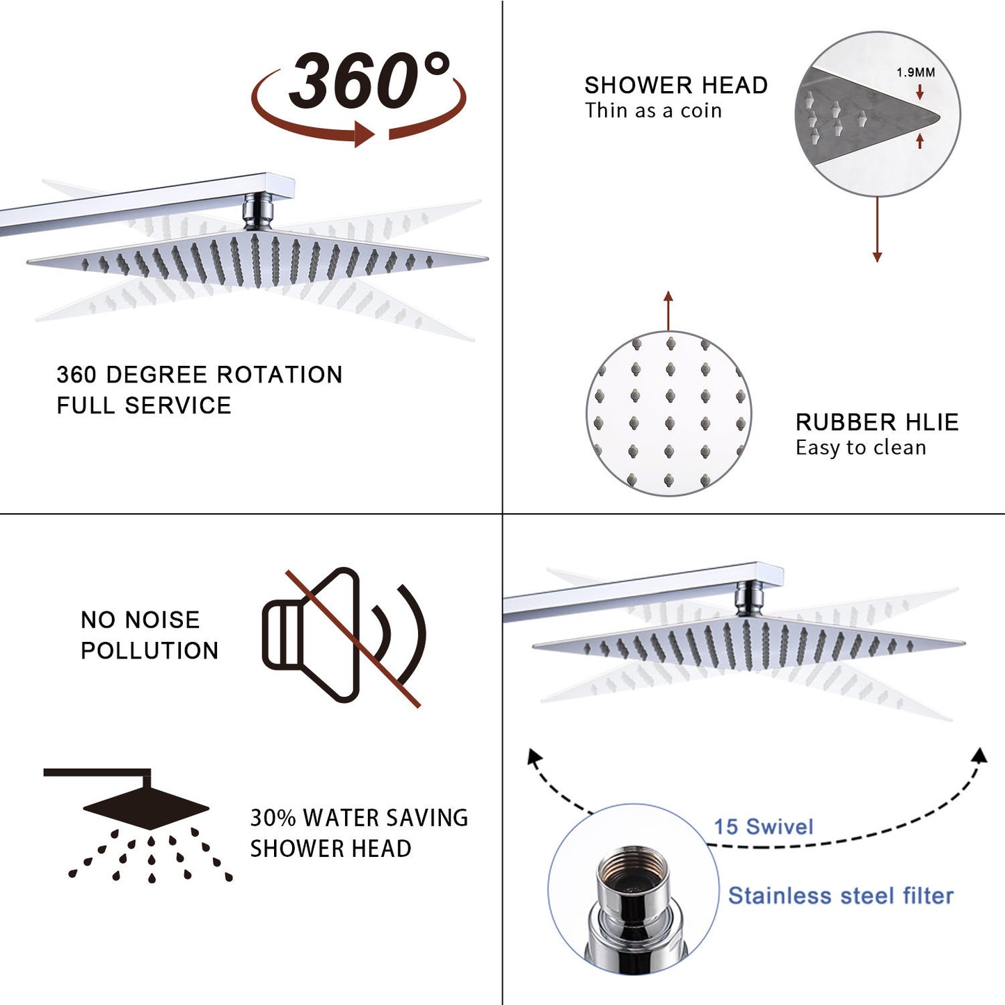 Chrome Finish 12" Rainfall Shower Head