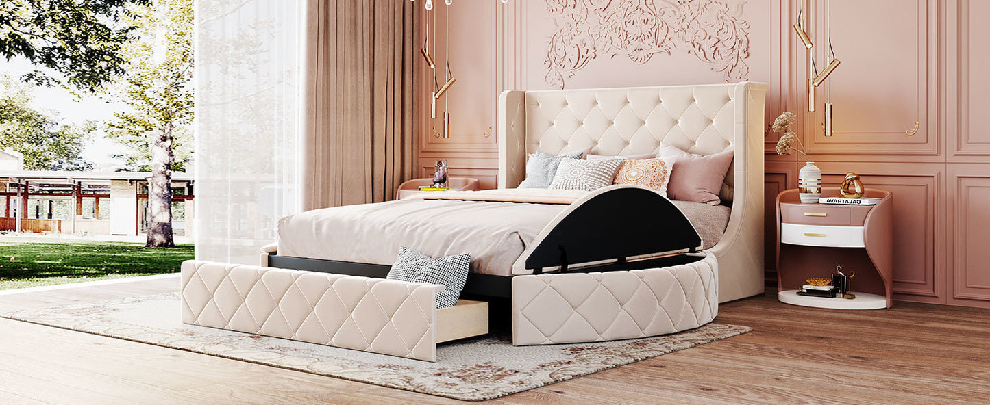 Queen Velvet Bed 1 Big Drawer; 2 Side Storage Stool