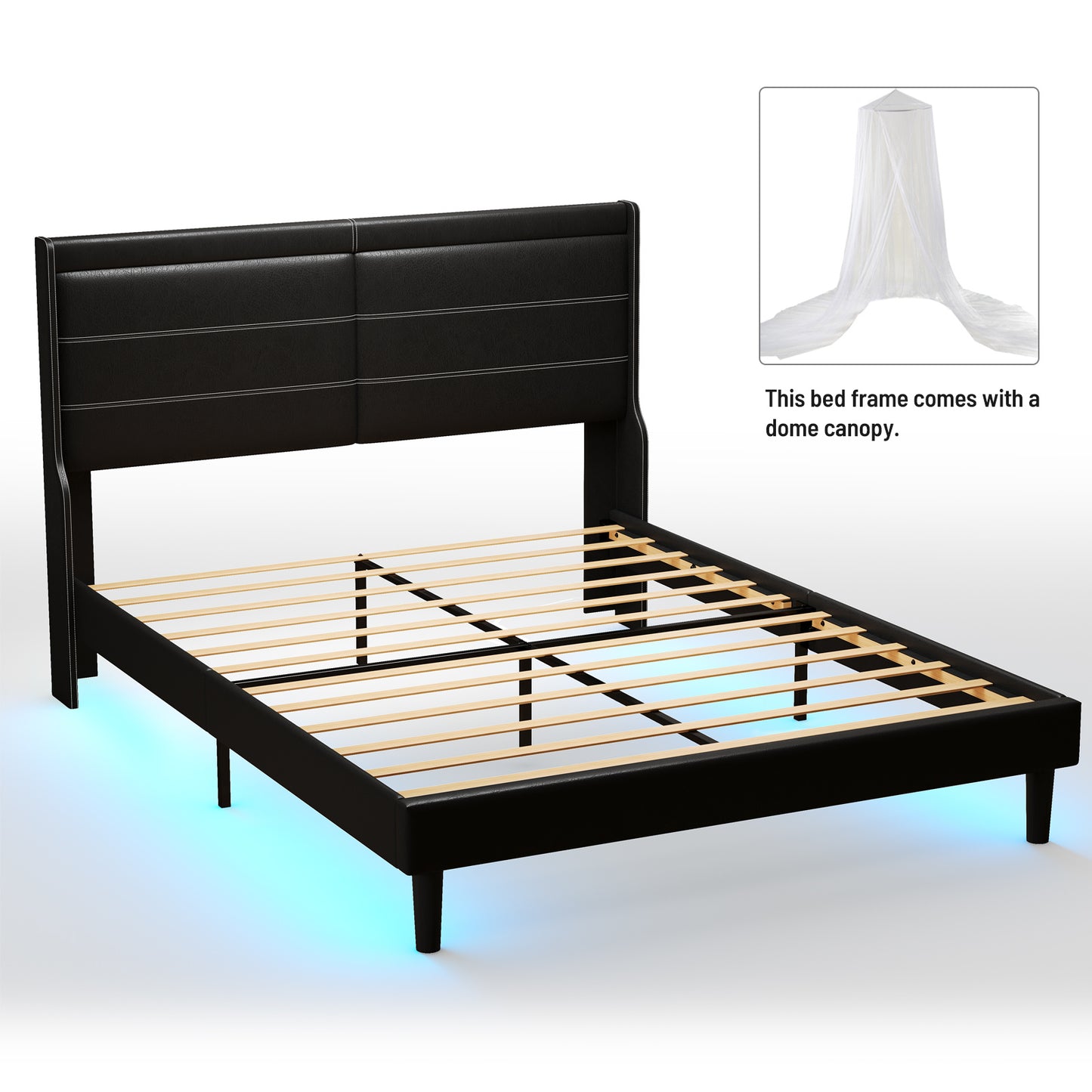 Stylish Leather w/ Lights Stitched Wing-backed Headboard