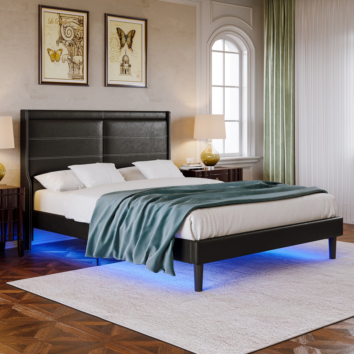 Stylish Leather w/ Lights Stitched Wing-backed Headboard