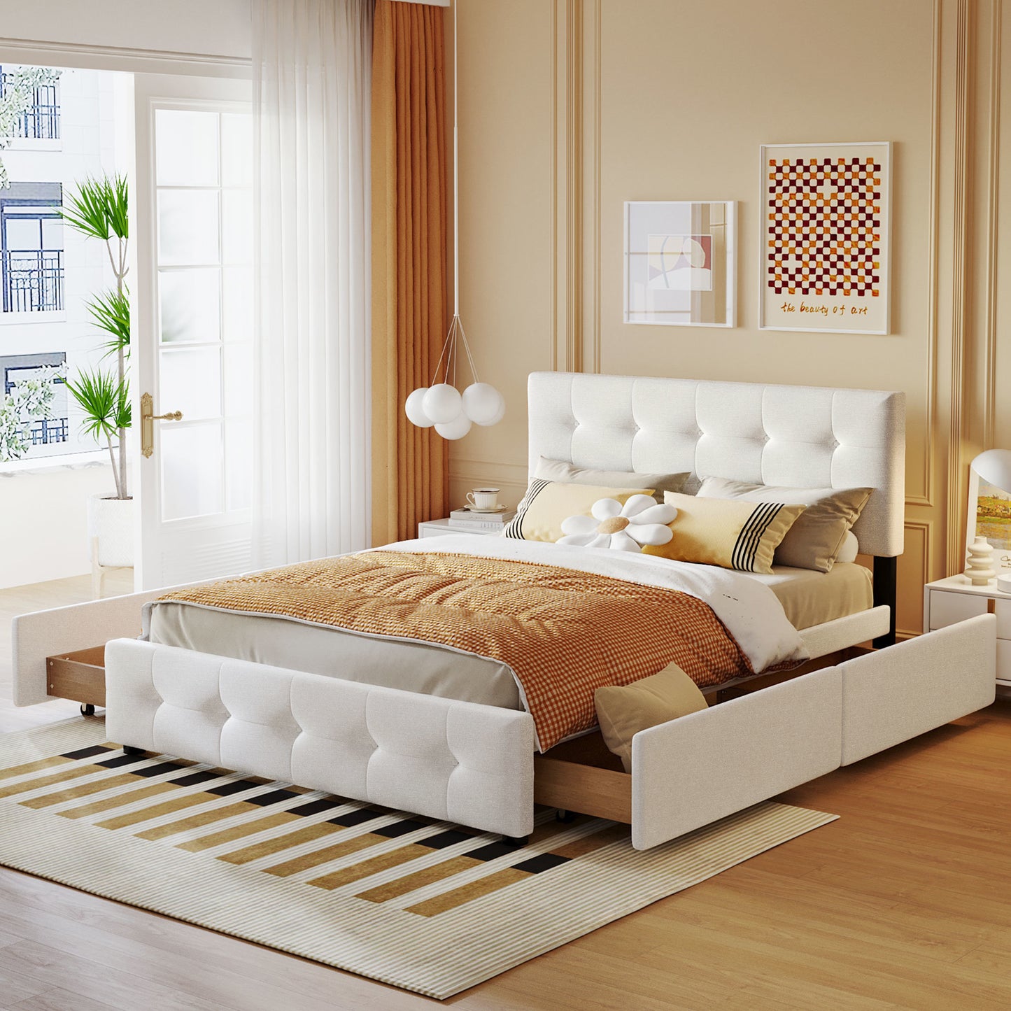 Classic Headboard and 4 Drawers; Queen Size