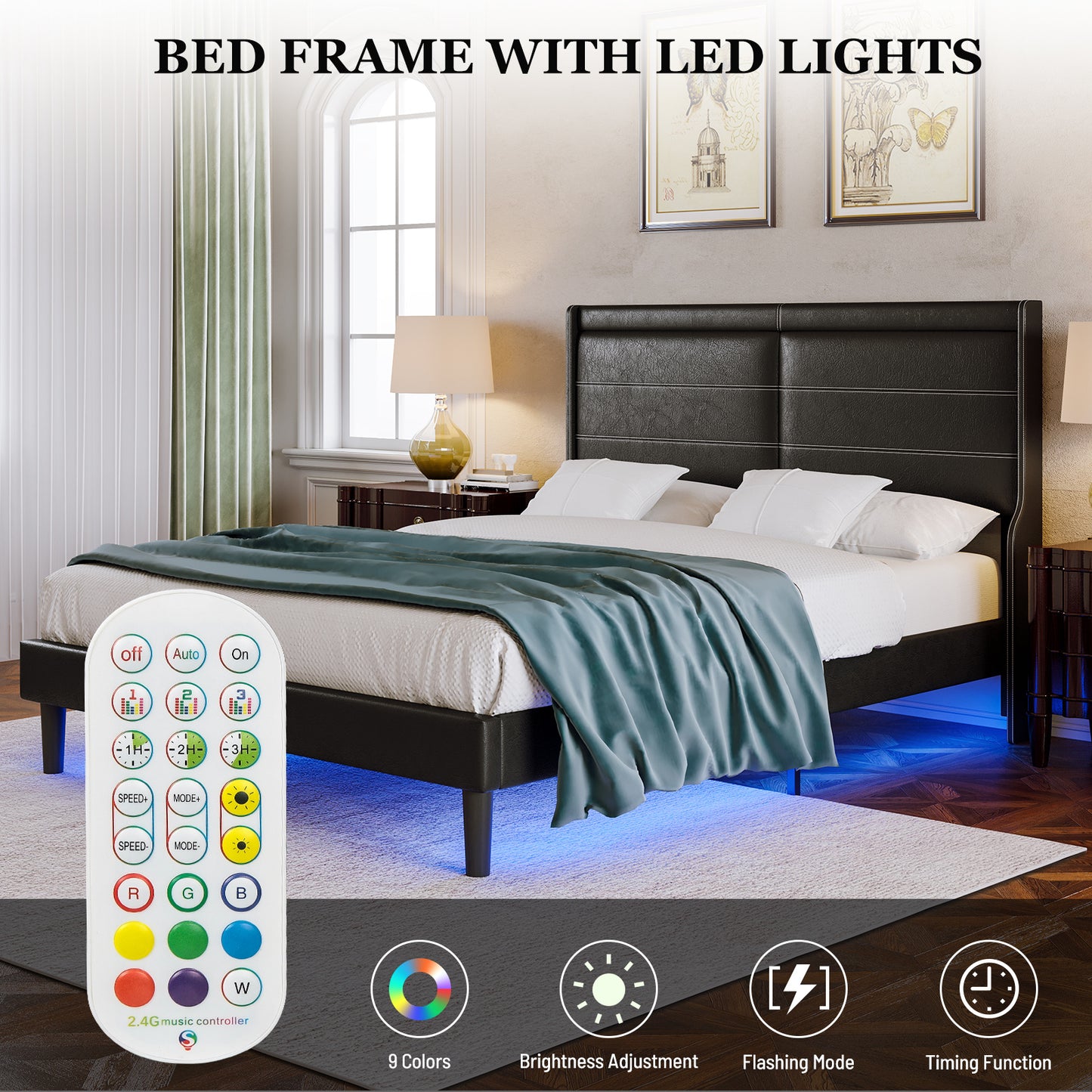 Stylish Leather w/ Lights Stitched Wing-backed Headboard