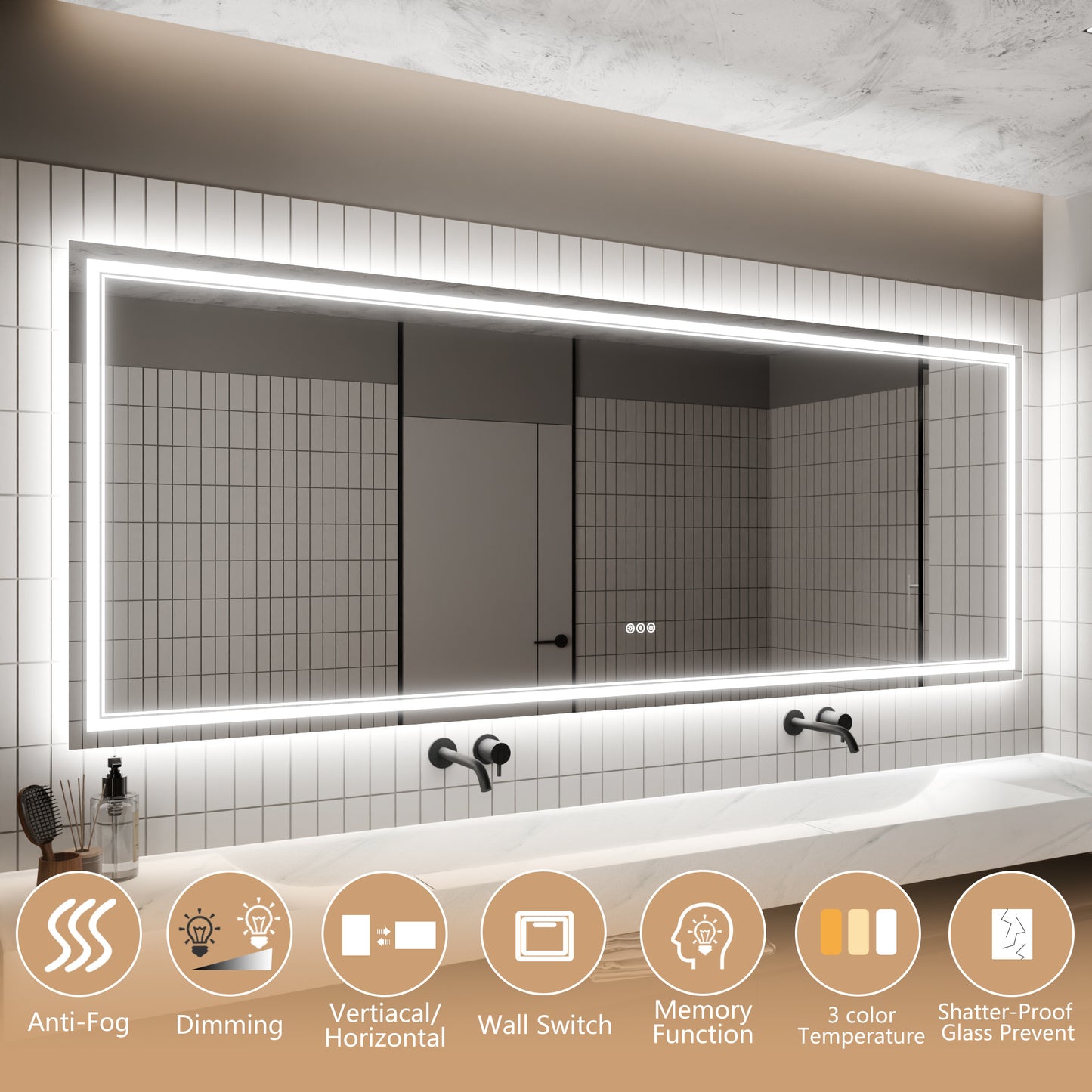 LED Mirror, 36x96 Smart Touch Button, Anti-Fog